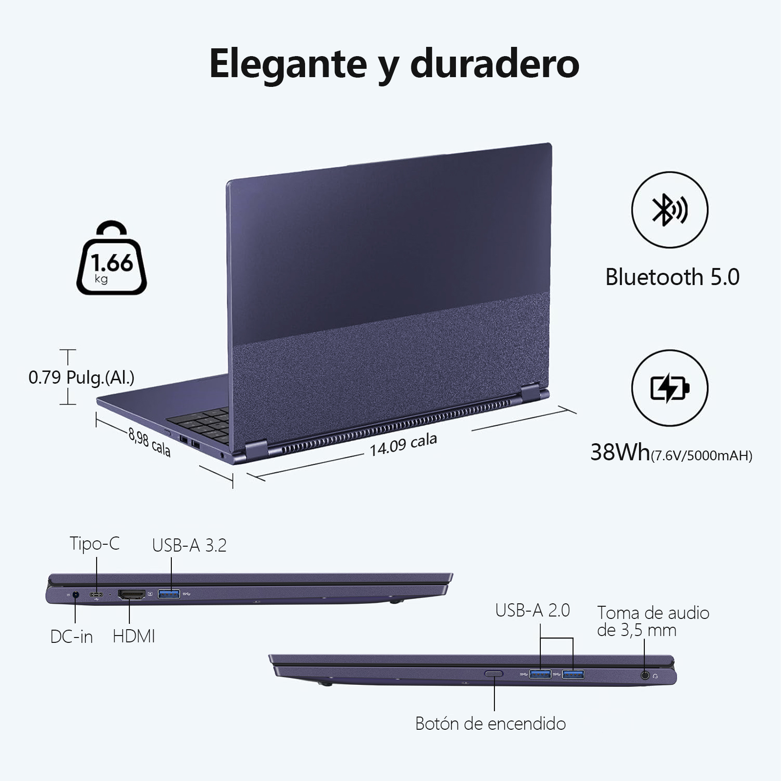 Se muestra una computadora portátil azul oscuro con especificaciones. Tiene un peso de 1,66 kg y Bluetooth 5.0.