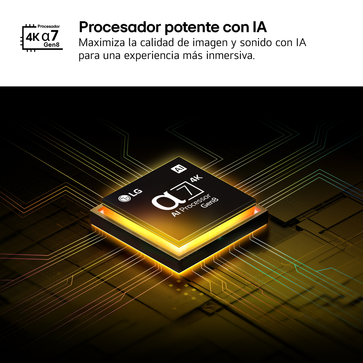 Primer plano de un chip de procesador negro con el logotipo de LG y texto que dice AI Processor Gen8, con un brillo dorado.