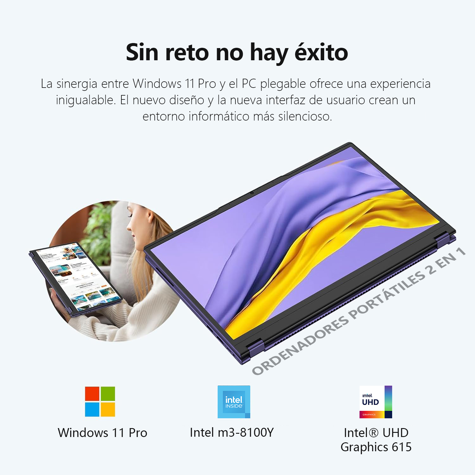 Ordenador portátil con pantalla púrpura y amarilla, mujer sosteniendo una tableta. Windows 11 Pro, Intel inside, y logos Intel UHD Graphics 615.
