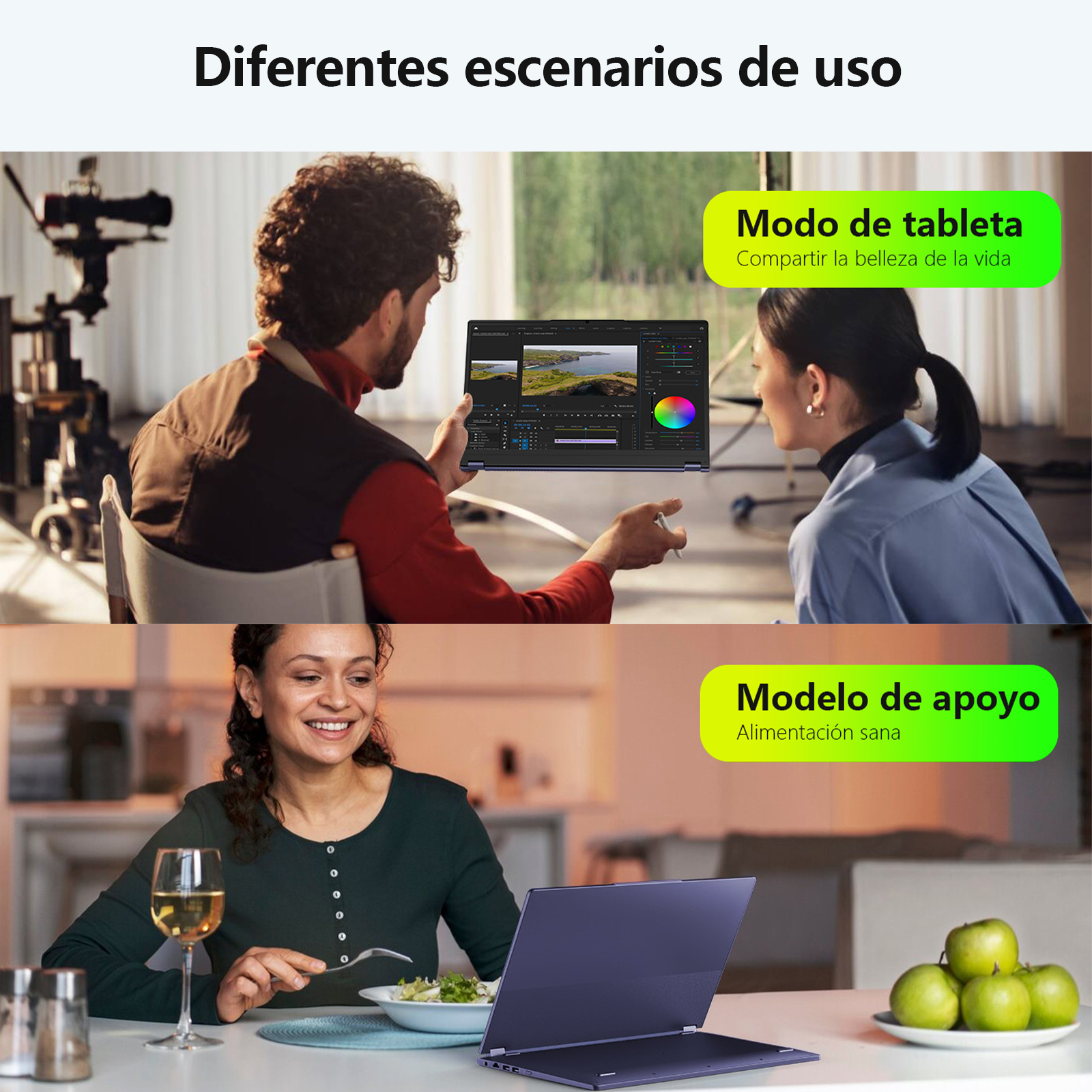 La imagen muestra dos escenarios: editar en una tableta y usar una computadora portátil mientras se come. Ambos usan el mismo modelo.