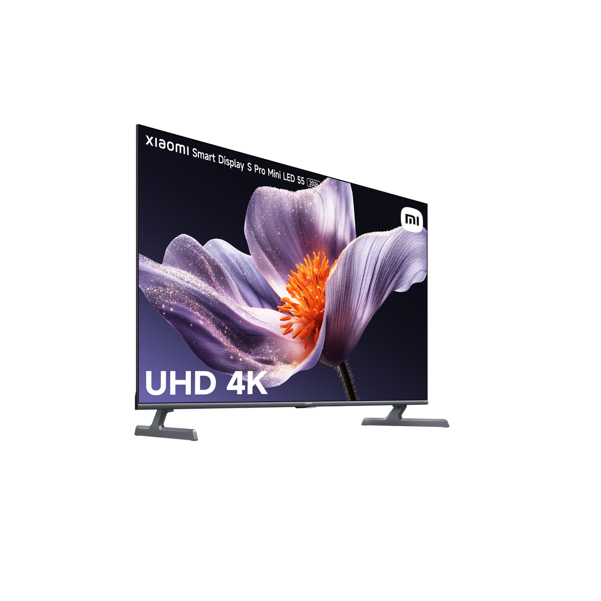 Una TV Xiaomi Smart Display S Pro Mini LED 55. Lo schermo mostra un fiore viola con centro arancione, le parole UHD 4K.