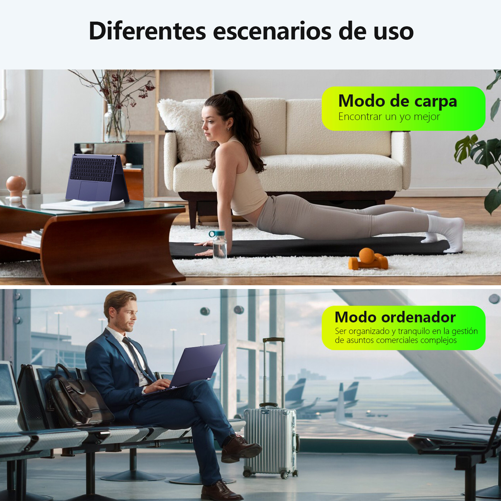 La imagen muestra dos escenarios: una mujer haciendo ejercicio en casa y un hombre trabajando en un aeropuerto con una laptop.