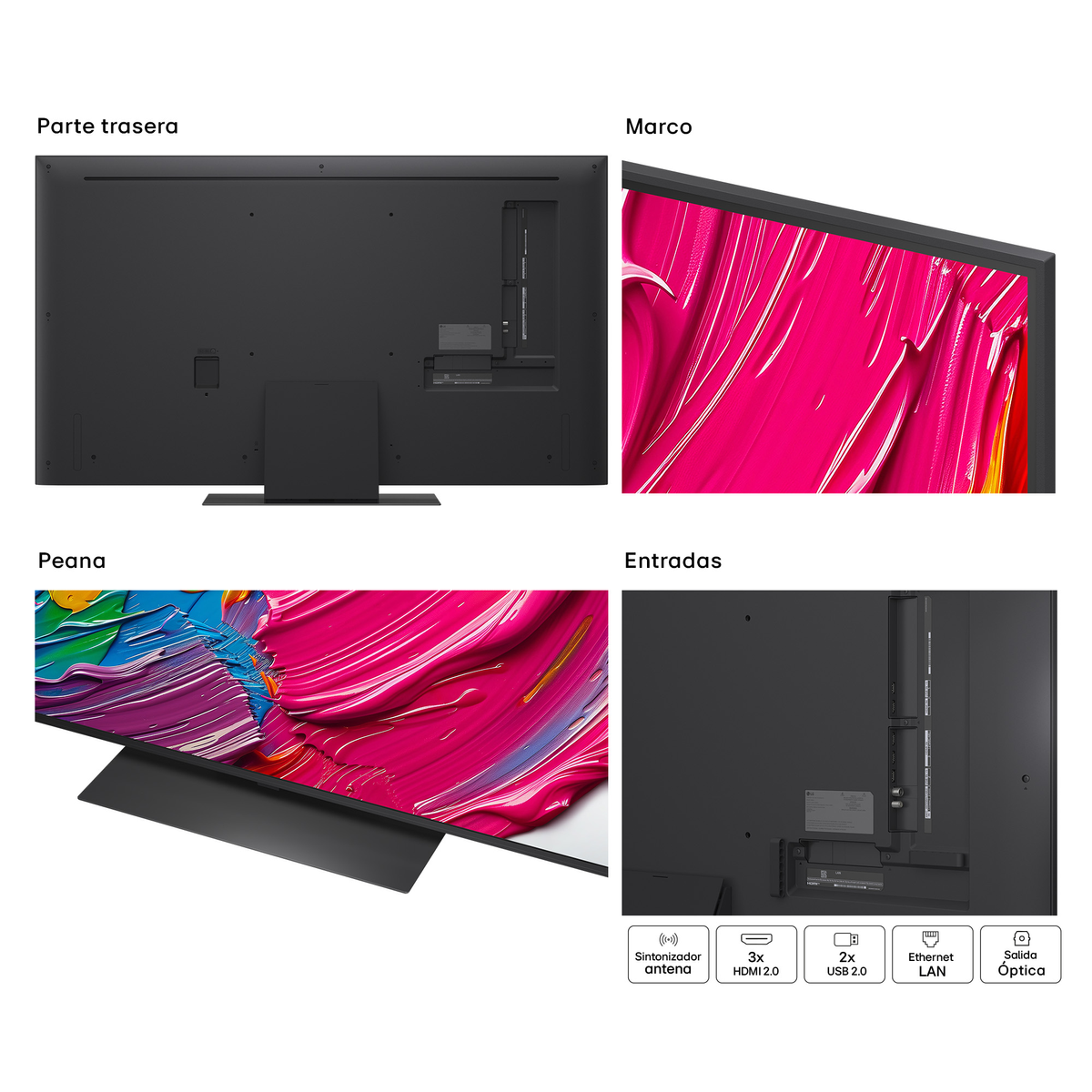 Un televisor con diferentes vistas: trasera, marco, soporte y entradas. El marco muestra arte abstracto rosa y amarillo. Las entradas incluyen antena, HDMI, USB, LAN y óptica.