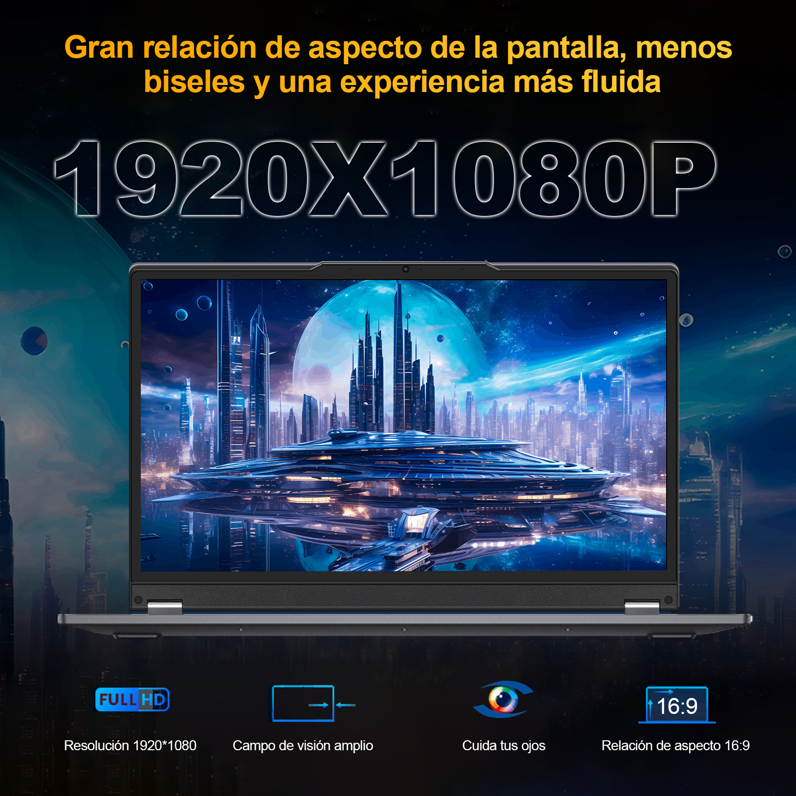 Laptop mostrando una escena de ciudad futurista. Texto en pantalla: 1920x1080P, Full HD y relación de aspecto 16:9.