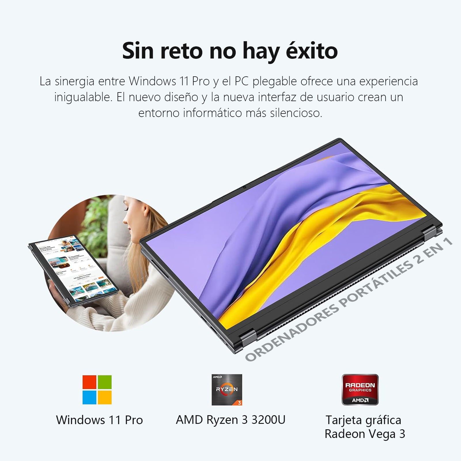 Ordenador portátil con pantalla púrpura y amarilla, mujer usando una tableta. Windows 11 Pro, AMD Ryzen y Radeon Vega.