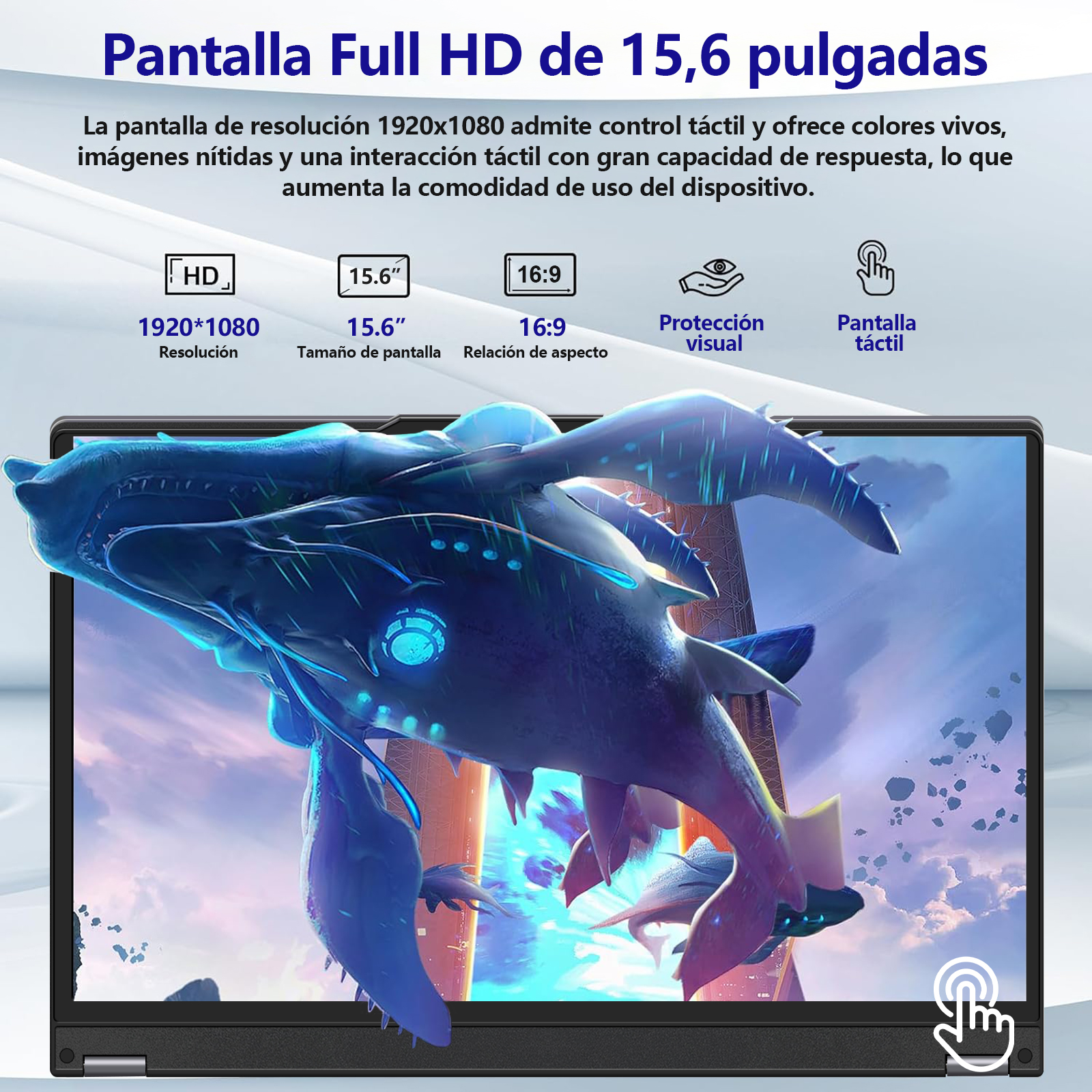 Pantalla de portátil con arte de fantasía. El texto muestra las especificaciones de la pantalla: HD, 15,6", 16:9, táctil.