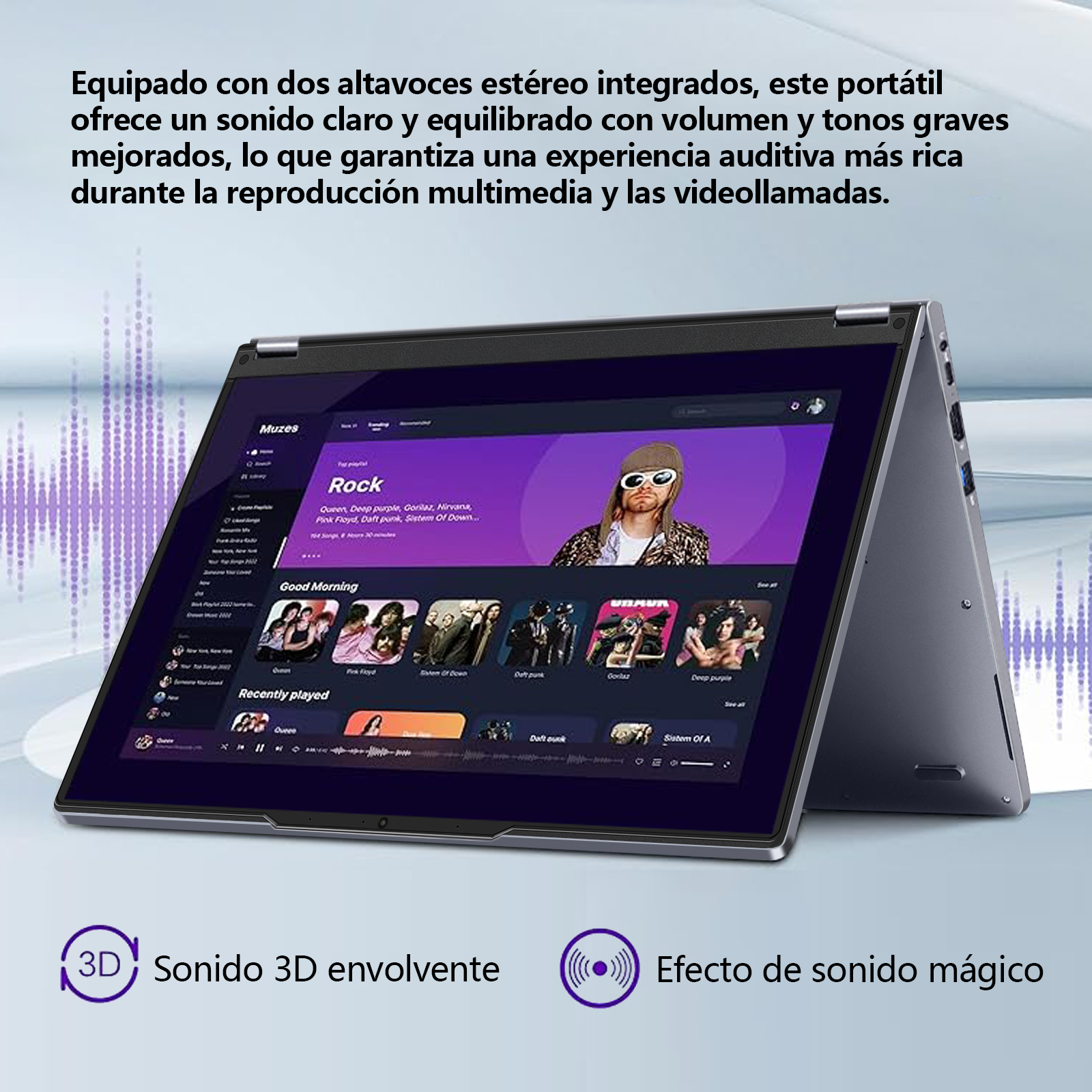Pantalla de portátil mostrando una app de música. Se muestran bandas de música. El portátil está abierto con la pantalla hacia el espectador.