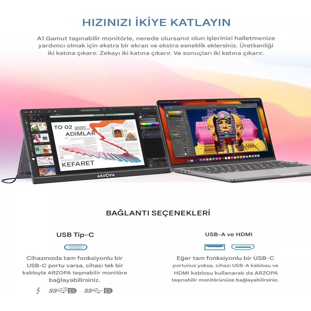 Un laptop e un monitor portatile che mostrano un design, con opzioni di connessione in basso. Il testo include 'HIZINIZI İKİYE KATLAYIN'.
