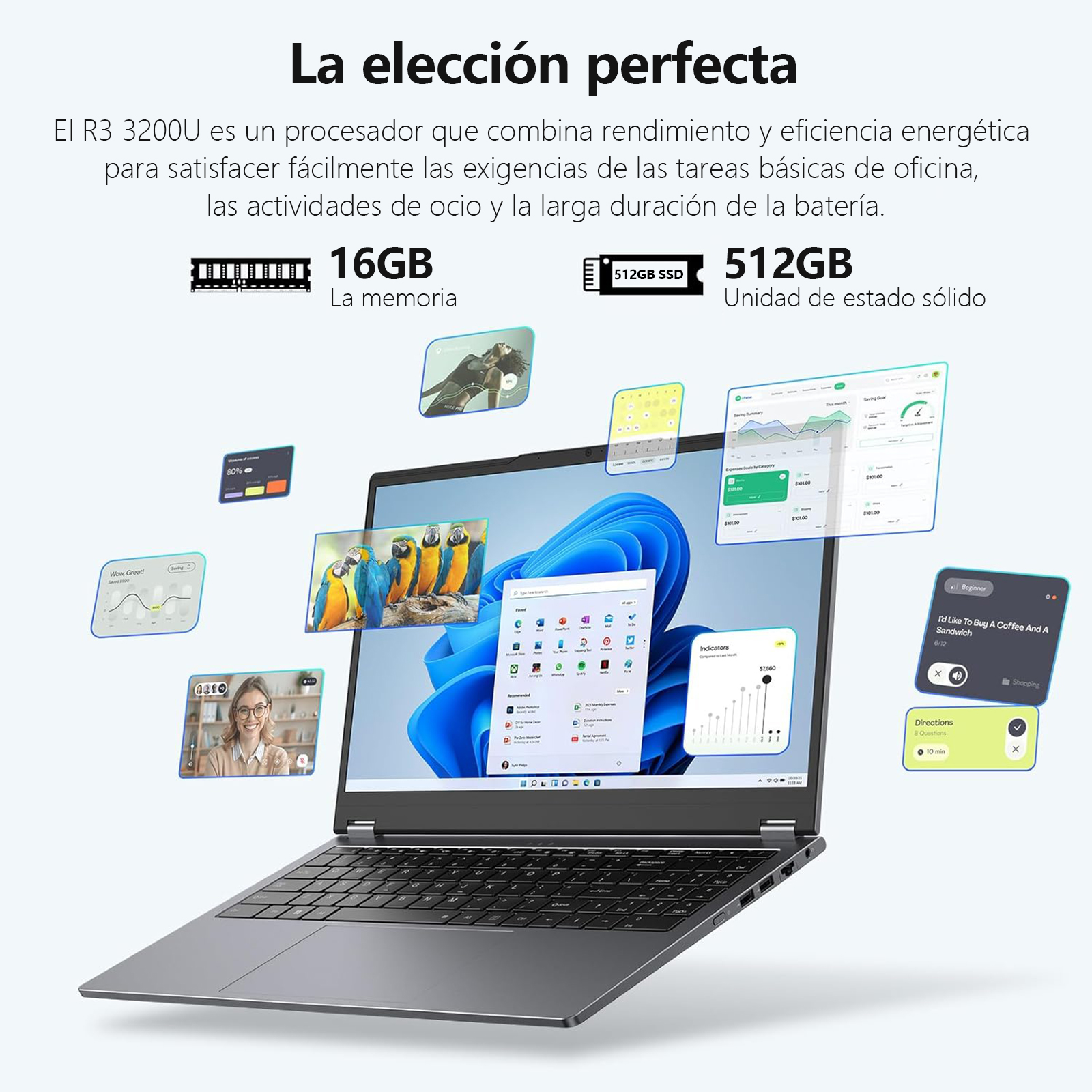 Ordenador portátil con pantalla abierta que muestra aplicaciones. Ventanas flotantes muestran gráficos, imágenes y listas de tareas. El texto lee especificaciones y funciones.
