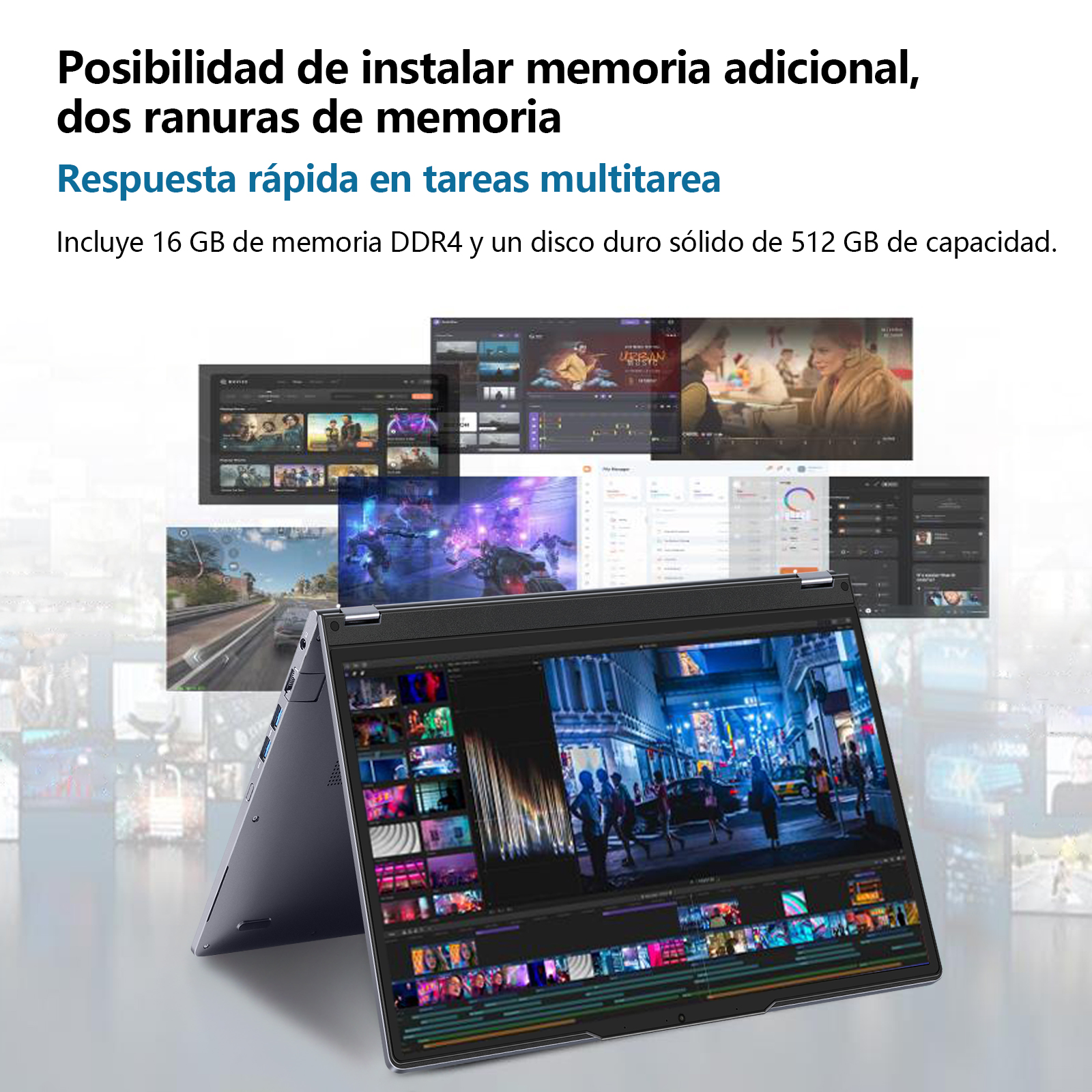 Ordenador portátil con múltiples aplicaciones abiertas, mostrando software de edición de vídeo y servicios de streaming.