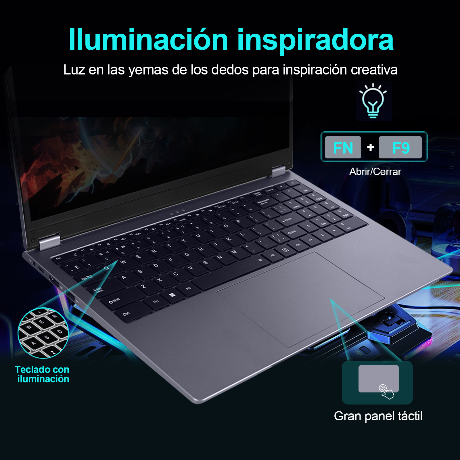 Un portátil con teclado iluminado. La pantalla muestra una imagen abstracta colorida. El teclado es gris.