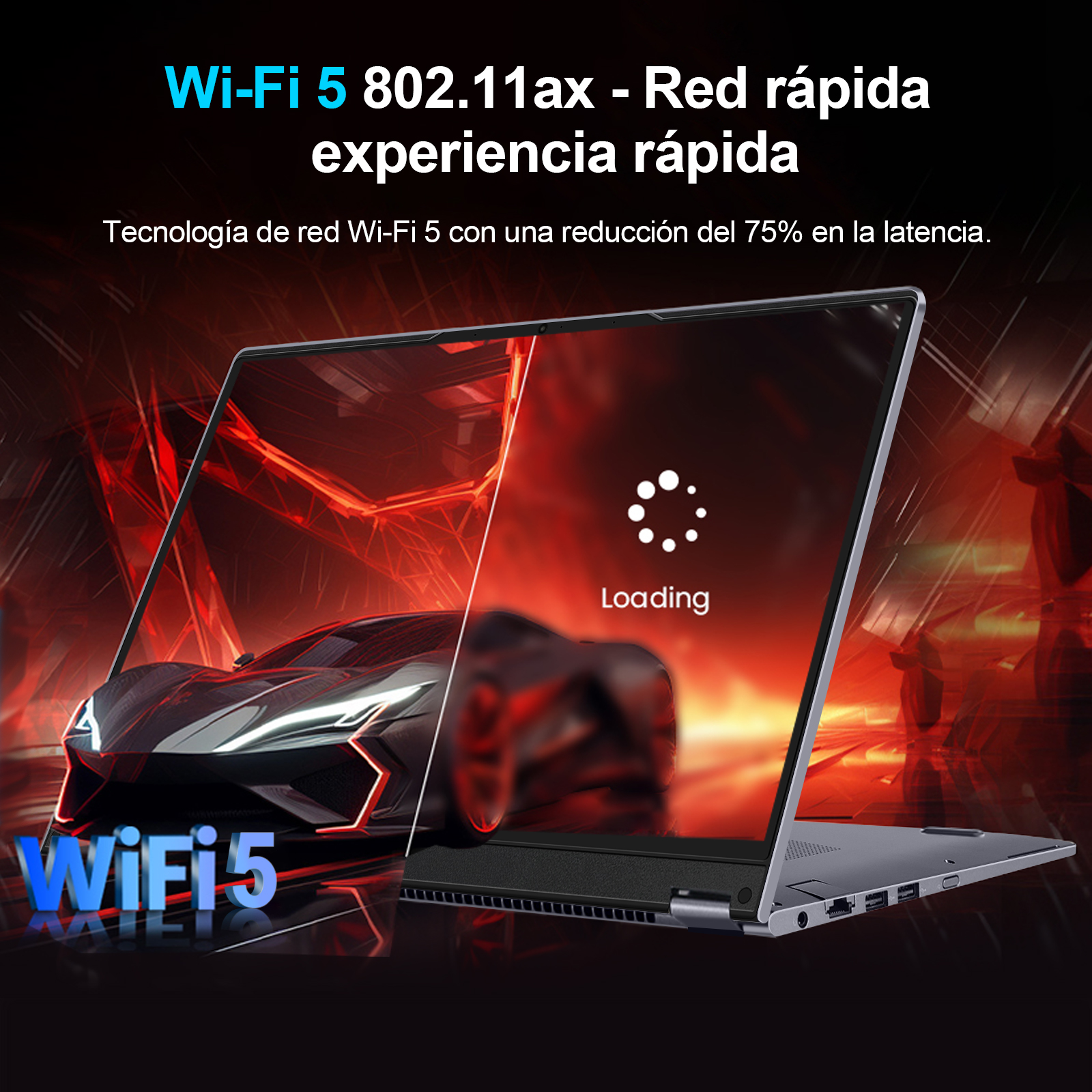 Portátil con gráfico de coche, pantalla de carga y texto Wi-Fi 5. Fondo rojo y negro, que sugiere velocidad y tecnología.