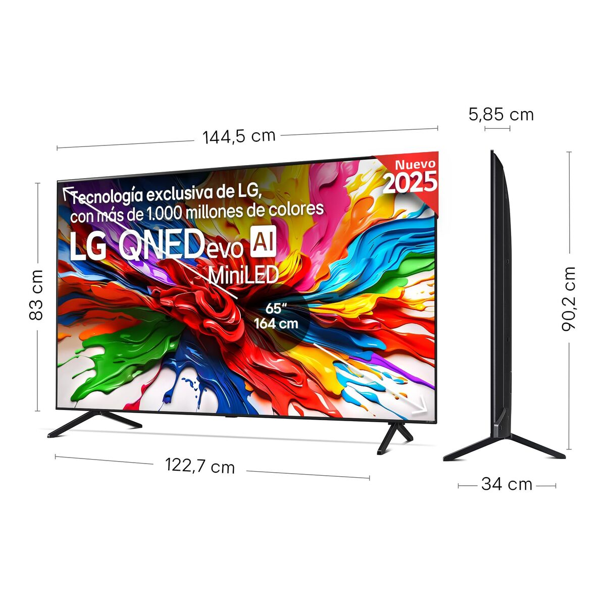 Un televisor LG QNEDevo MiniLED de 65 pulgadas. Muestra arte abstracto colorido. Las dimensiones están marcadas en la imagen.