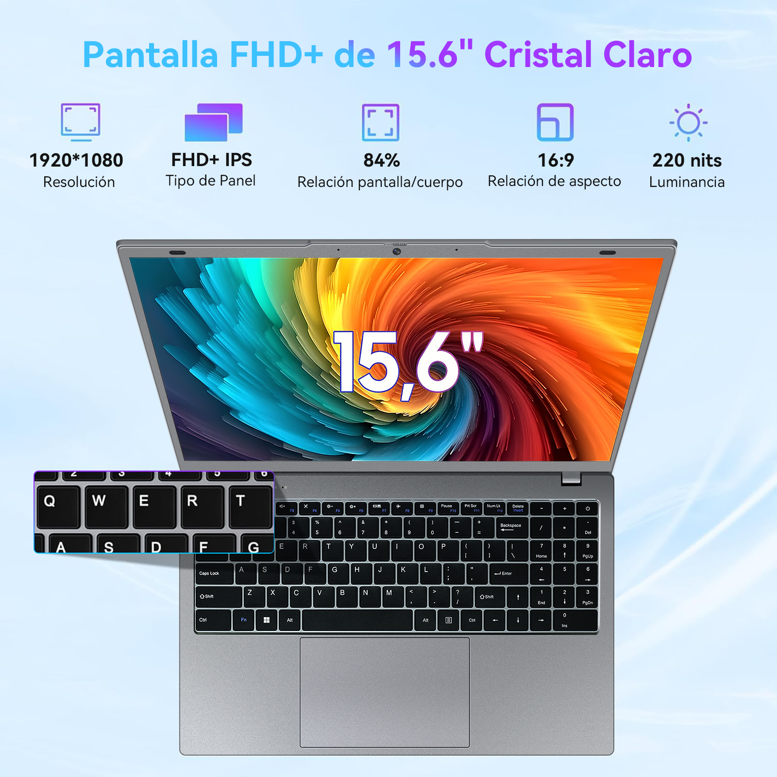 Un portátil con una pantalla vibrante que muestra una imagen colorida, un teclado y texto de especificaciones en el fondo.
