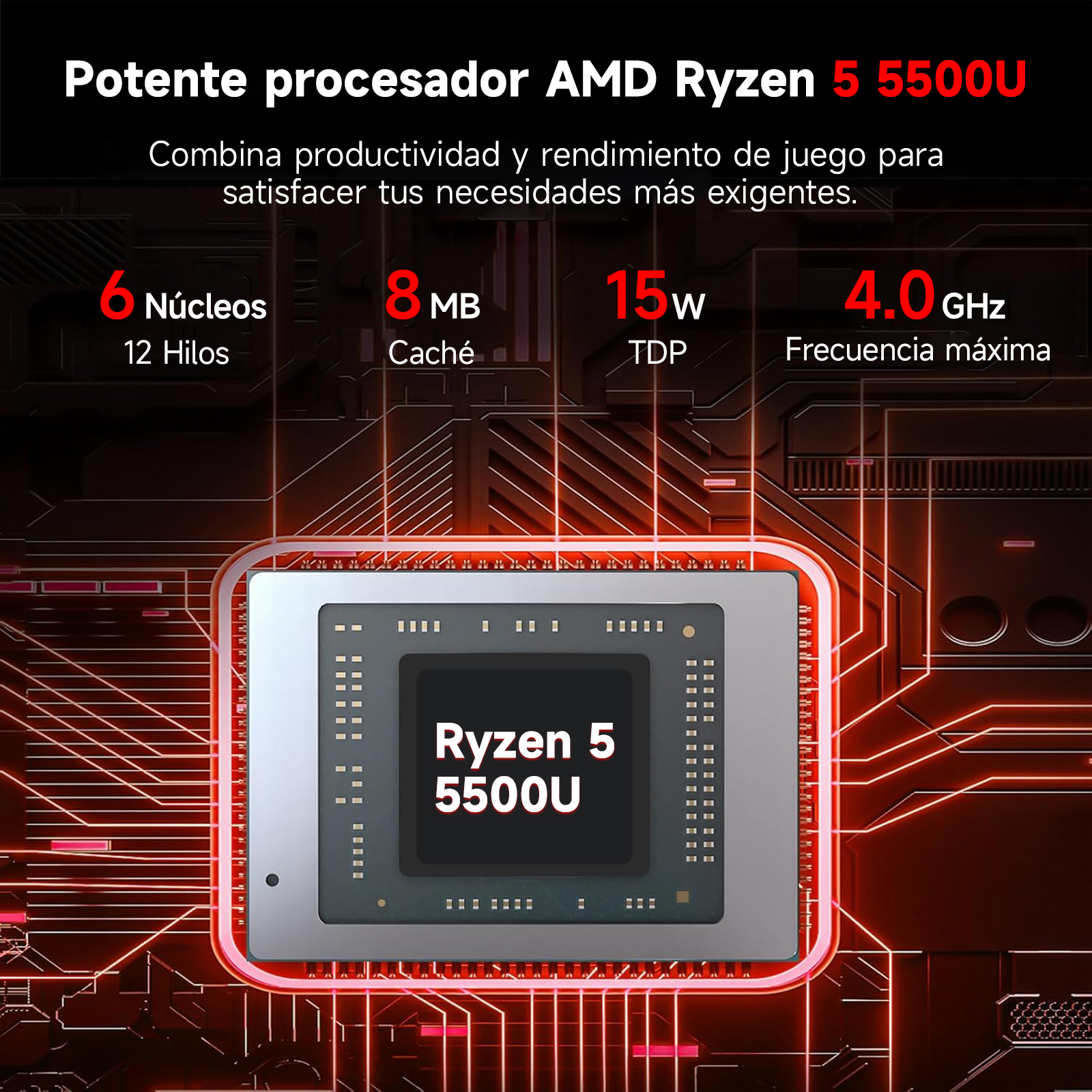 La imagen muestra un procesador AMD Ryzen 5 5500U. Tiene 6 núcleos, 8MB de caché, 15W TDP y una frecuencia máxima de 4.0 GHz.