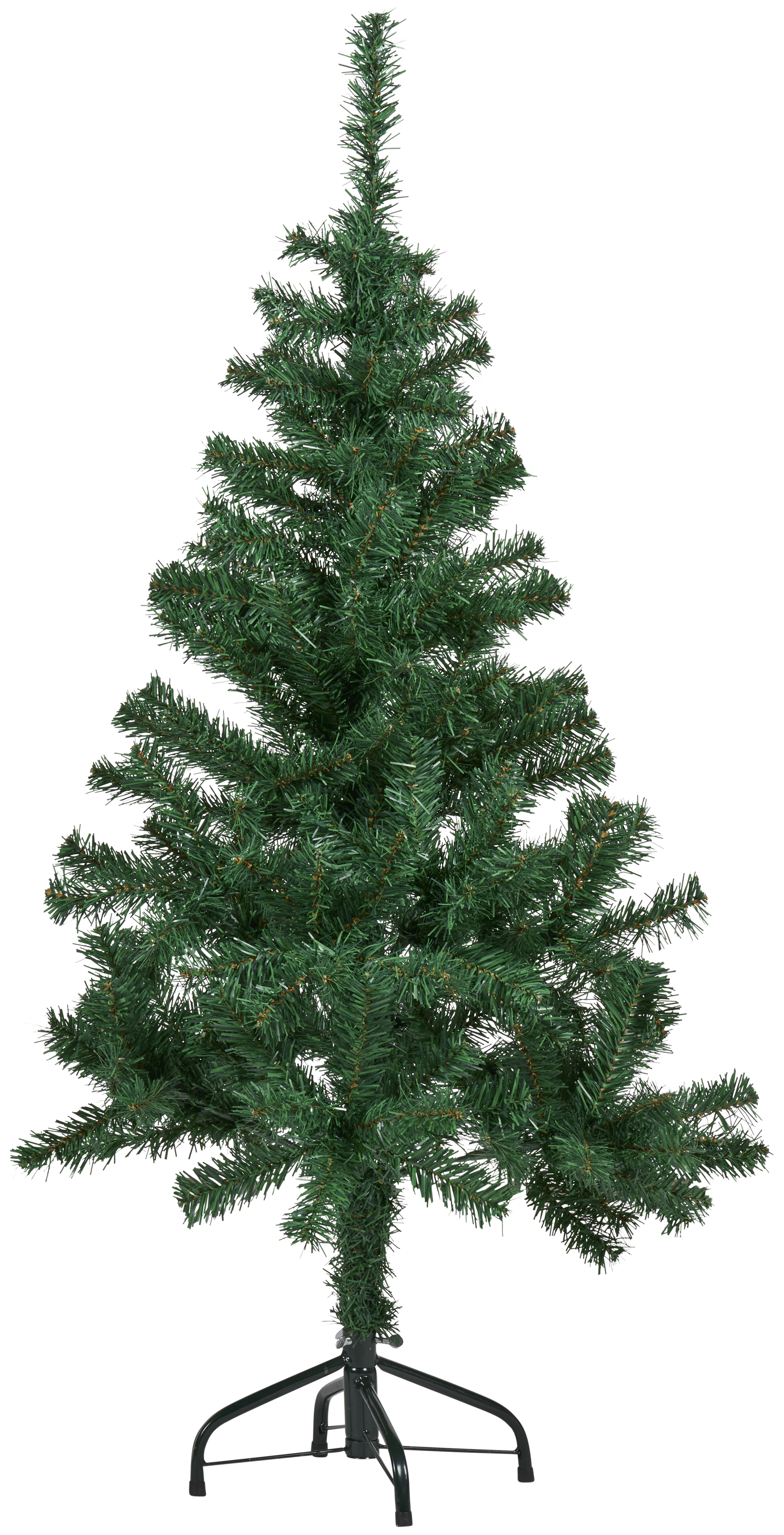 Un sapin de Noël artificiel vert sur un support en métal noir, sur fond blanc.