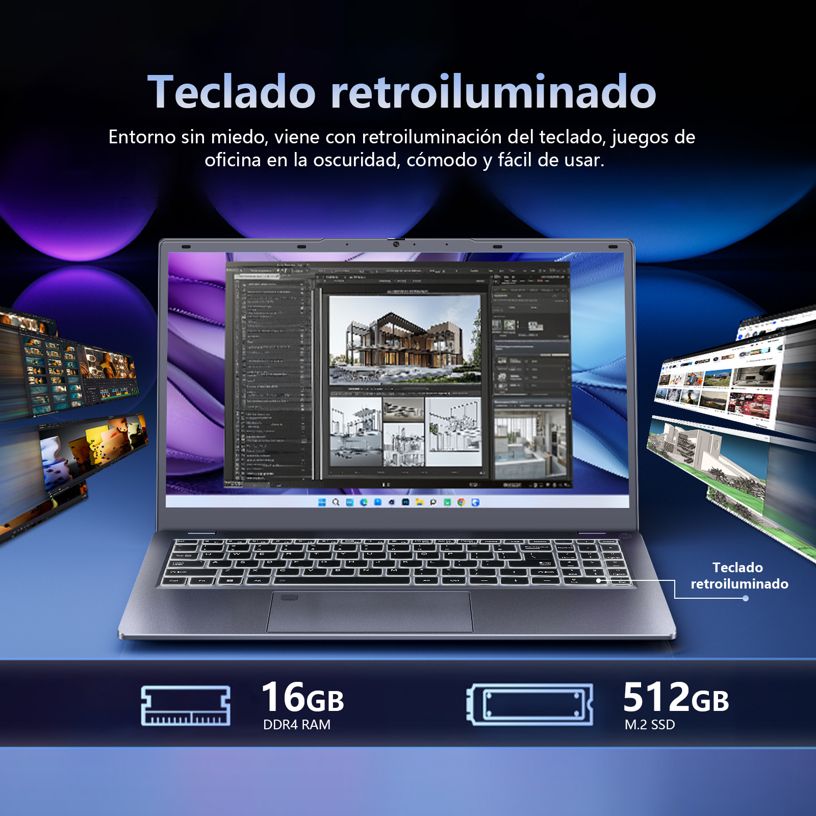 Portátil con teclado iluminado. 16GB RAM y 512GB SSD. Pantalla muestra software de diseño. Fondo azul y morado.