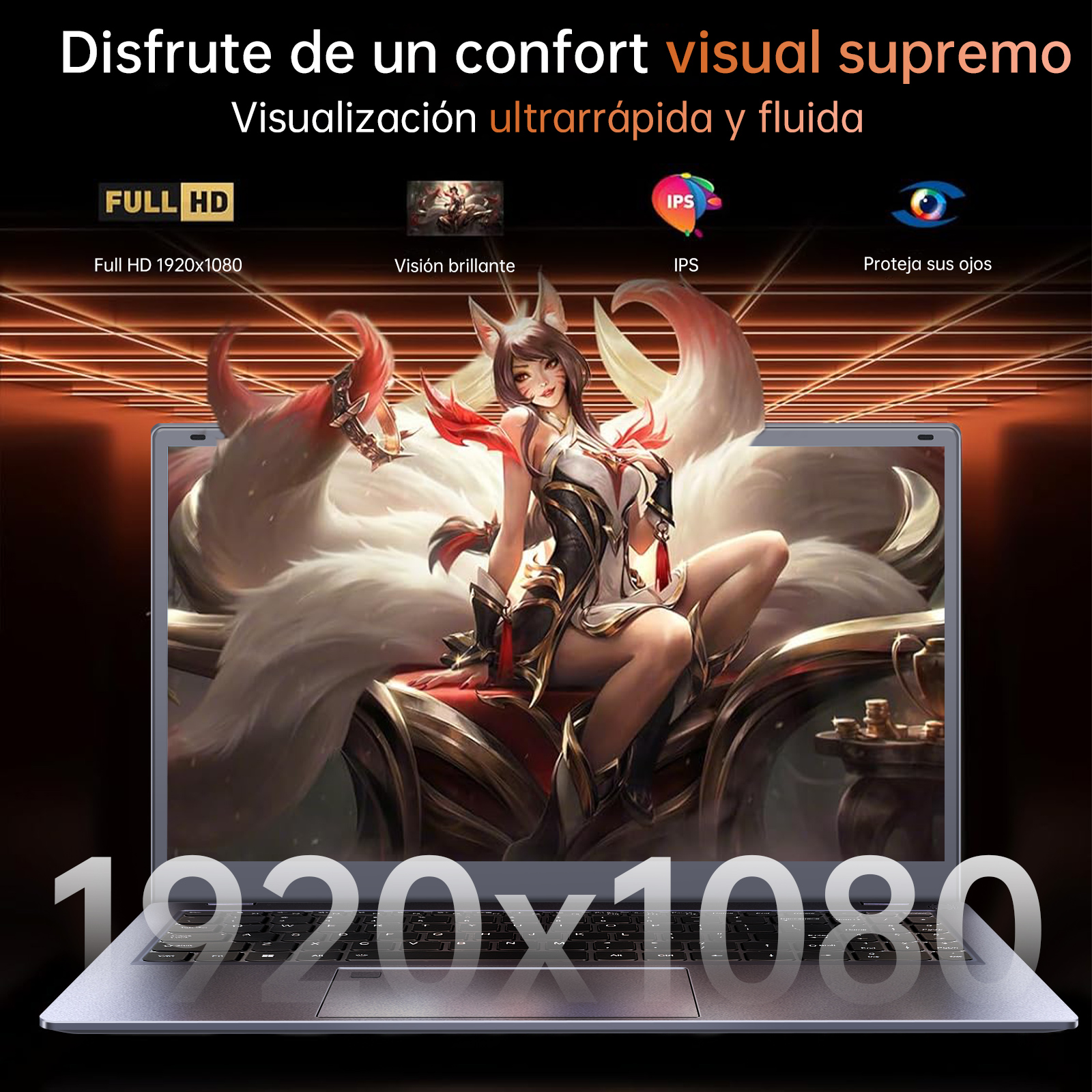 Pantalla de portátil muestra mujer con orejas de zorro. Texto promueve comodidad visual y resolución 1920x1080.