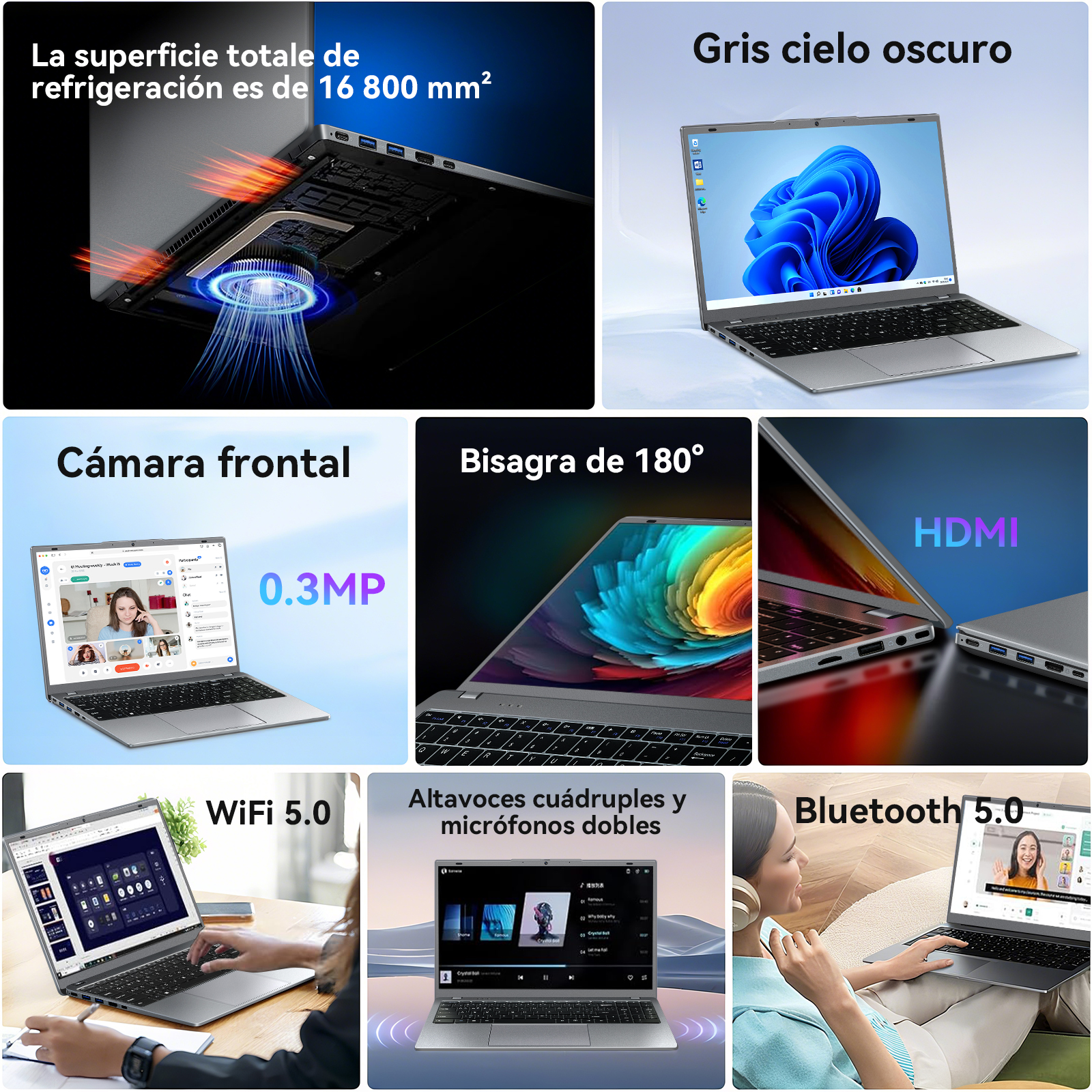 Portátil con características: sistema de refrigeración, cámara web, bisagra de 180°, puertos HDMI, WiFi 5.0, altavoces y Bluetooth 5.0. Varias pantallas.