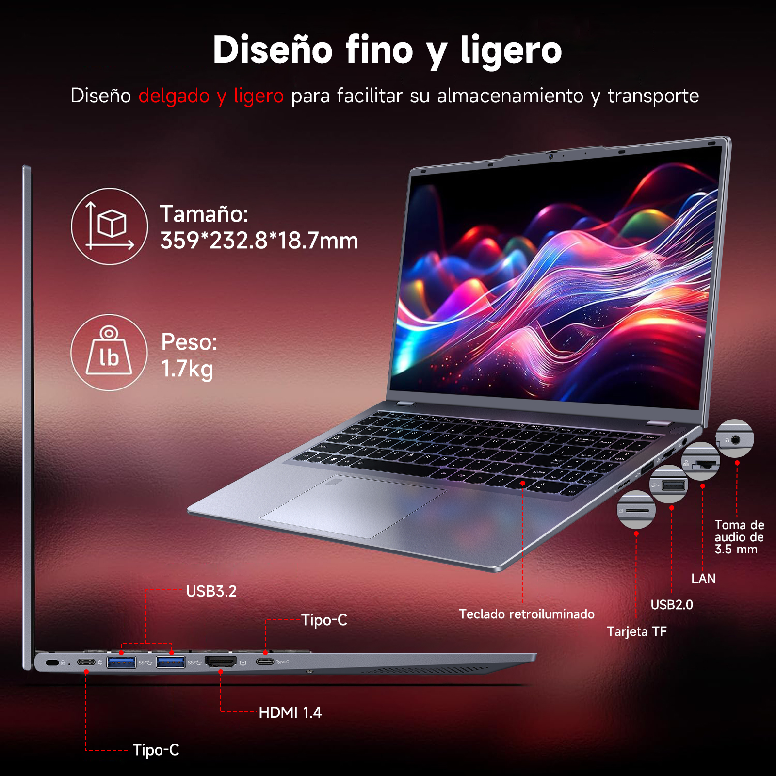 Portátil plateado con teclado negro. Puertos: USB, HDMI y audio. Especificaciones: 1,7 kg, 359x232,8x18,7 mm. Texto en español.
