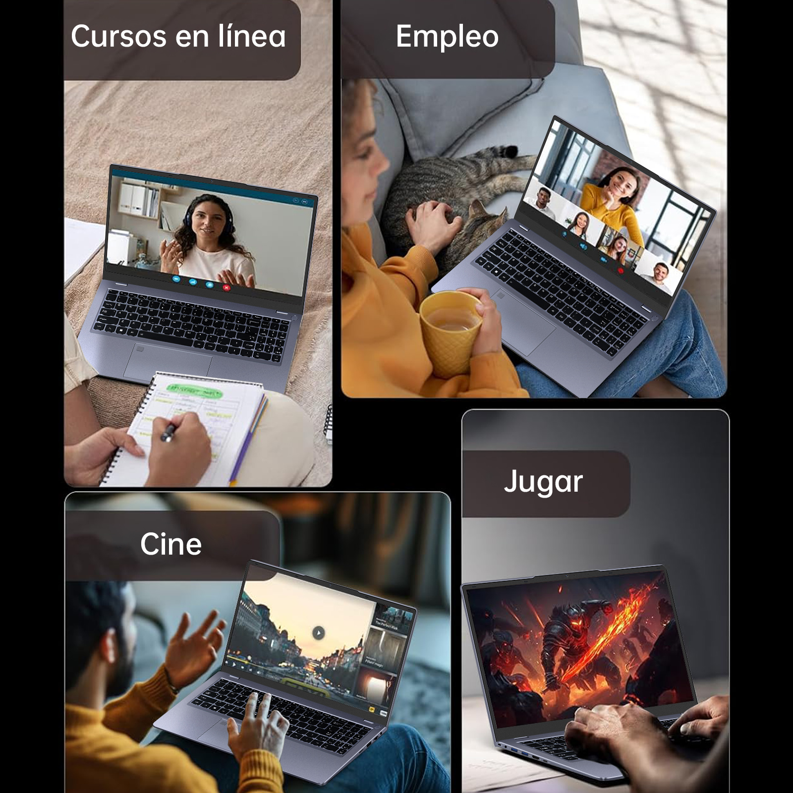 La imagen muestra portátiles con videollamadas, películas y juegos, ilustrando cursos en línea, empleo, cine y juegos.