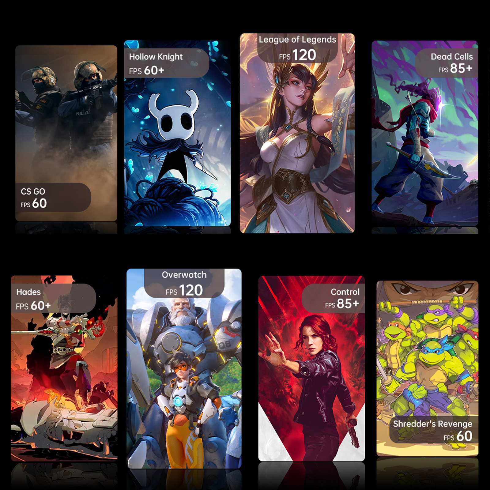 La imagen muestra portadas de juegos: CS GO, Hollow Knight, League of Legends, Dead Cells, Hades, Overwatch, Control y Shredder's Revenge.