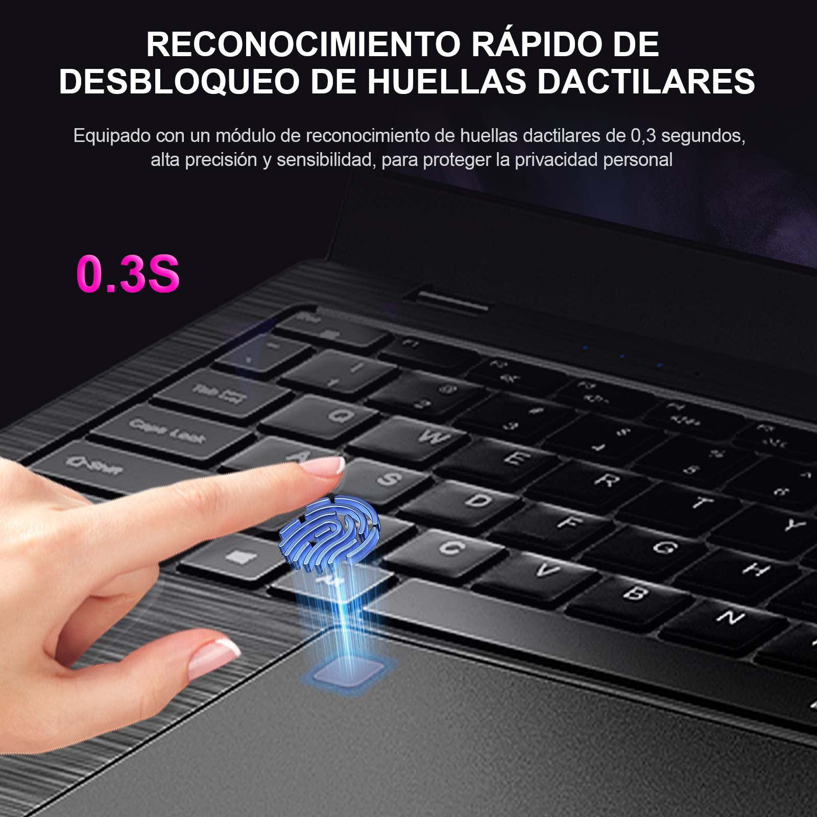 Escáner de huellas dactilares en un portátil. Un dedo toca el sensor. El texto superior dice desbloqueo por huella dactilar.