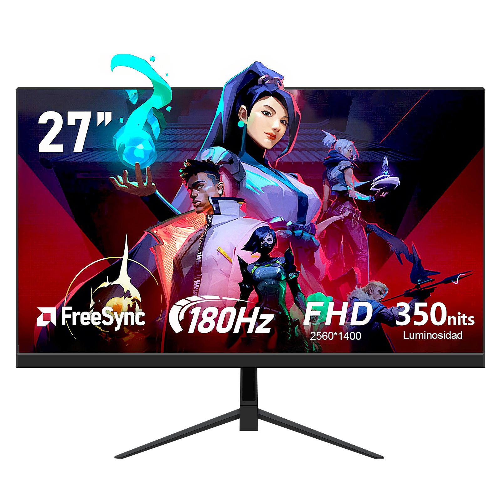 Un monitor gaming de 27 pulgadas con un fondo colorido con personajes de estilo anime. Tiene FreeSync, 180Hz, FHD y 350nits.