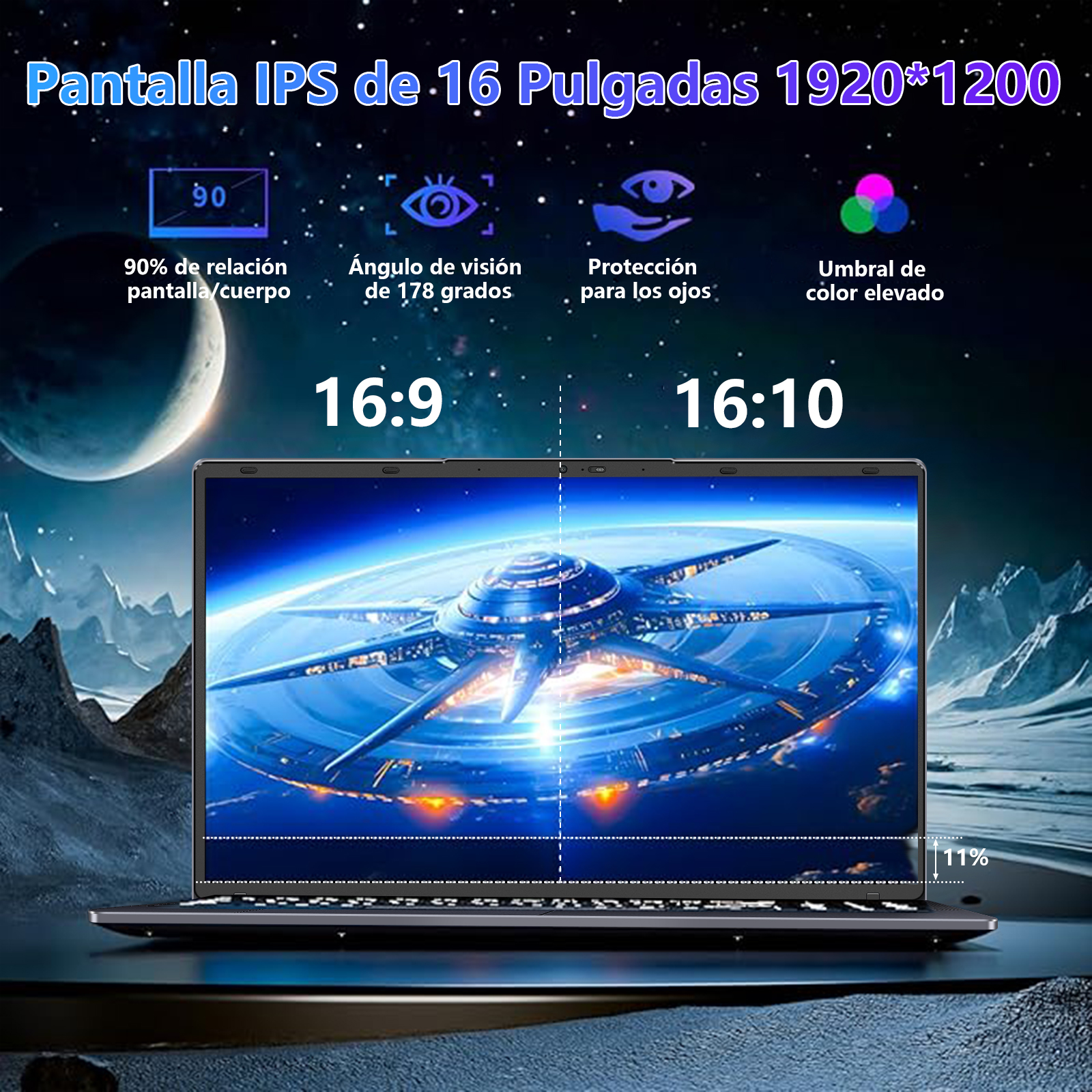 Un portátil con una pantalla que muestra una nave espacial, con especificaciones como IPS de 16 pulgadas, resolución 1920x1200.
