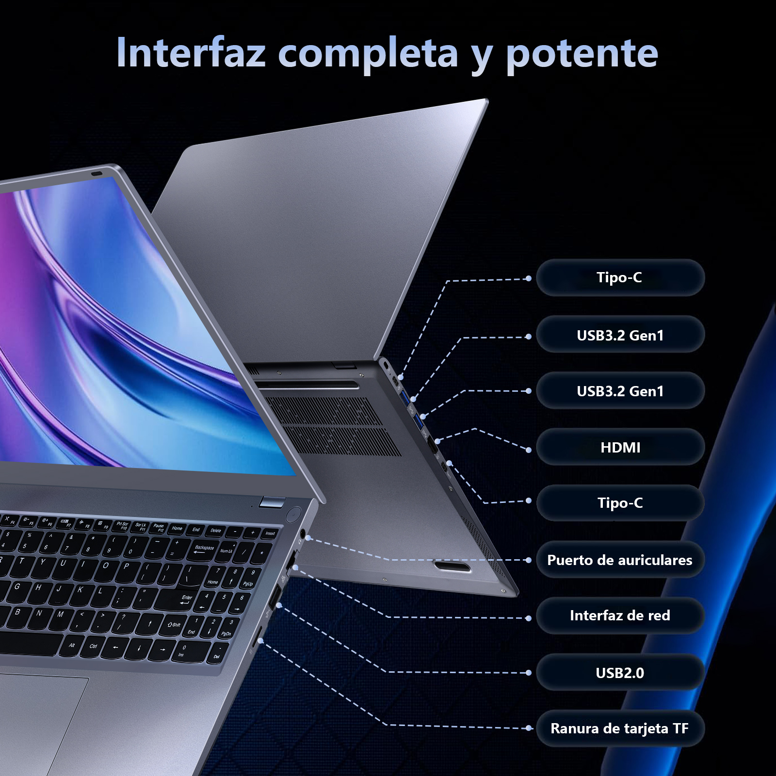 Imagen muestra dos portátiles. Uno abierto, teclado visible. El otro muestra puertos y etiquetas: Tipo-C, USB3.2 Gen1, HDMI, etc.
