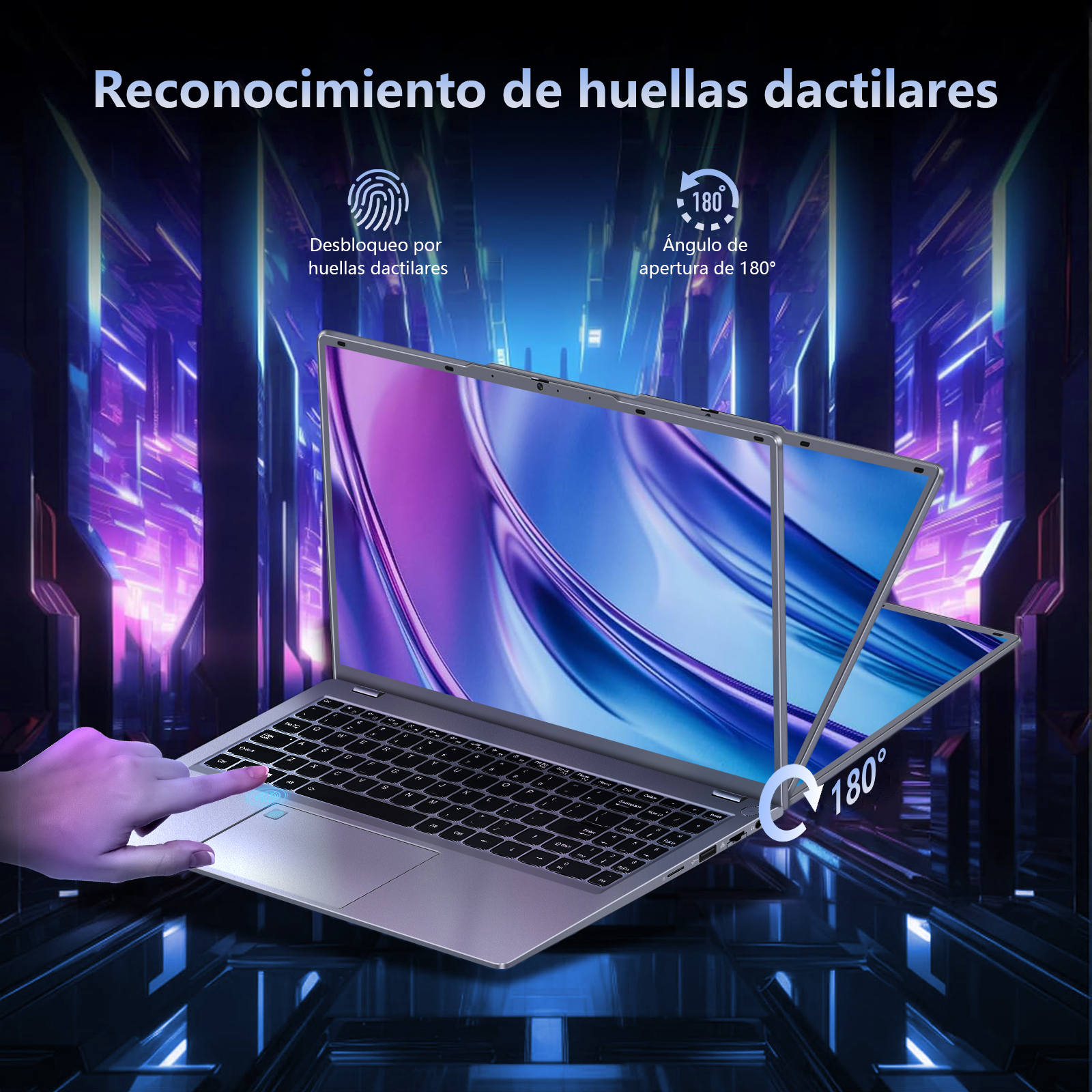 Portátil con sensor de huellas dactilares. La pantalla muestra un ángulo de apertura de 180 grados. Una mano toca el sensor.