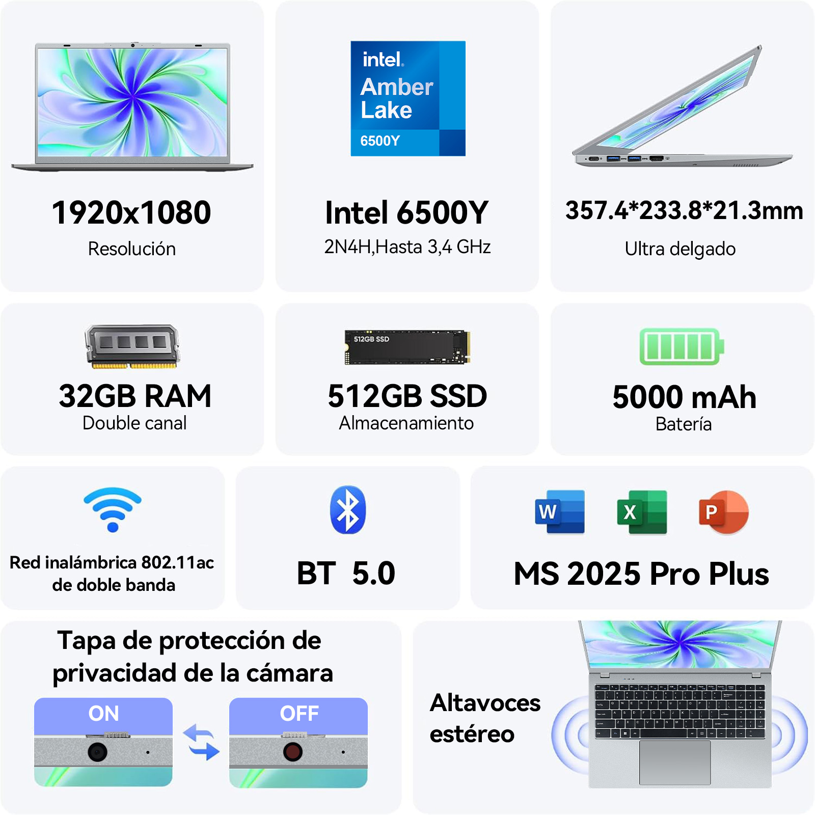 Laptop con especificaciones incluyendo procesador Intel 6500Y, 32GB RAM, 512GB SSD, batería de 5000 mAh y MS 2025 Pro Plus.