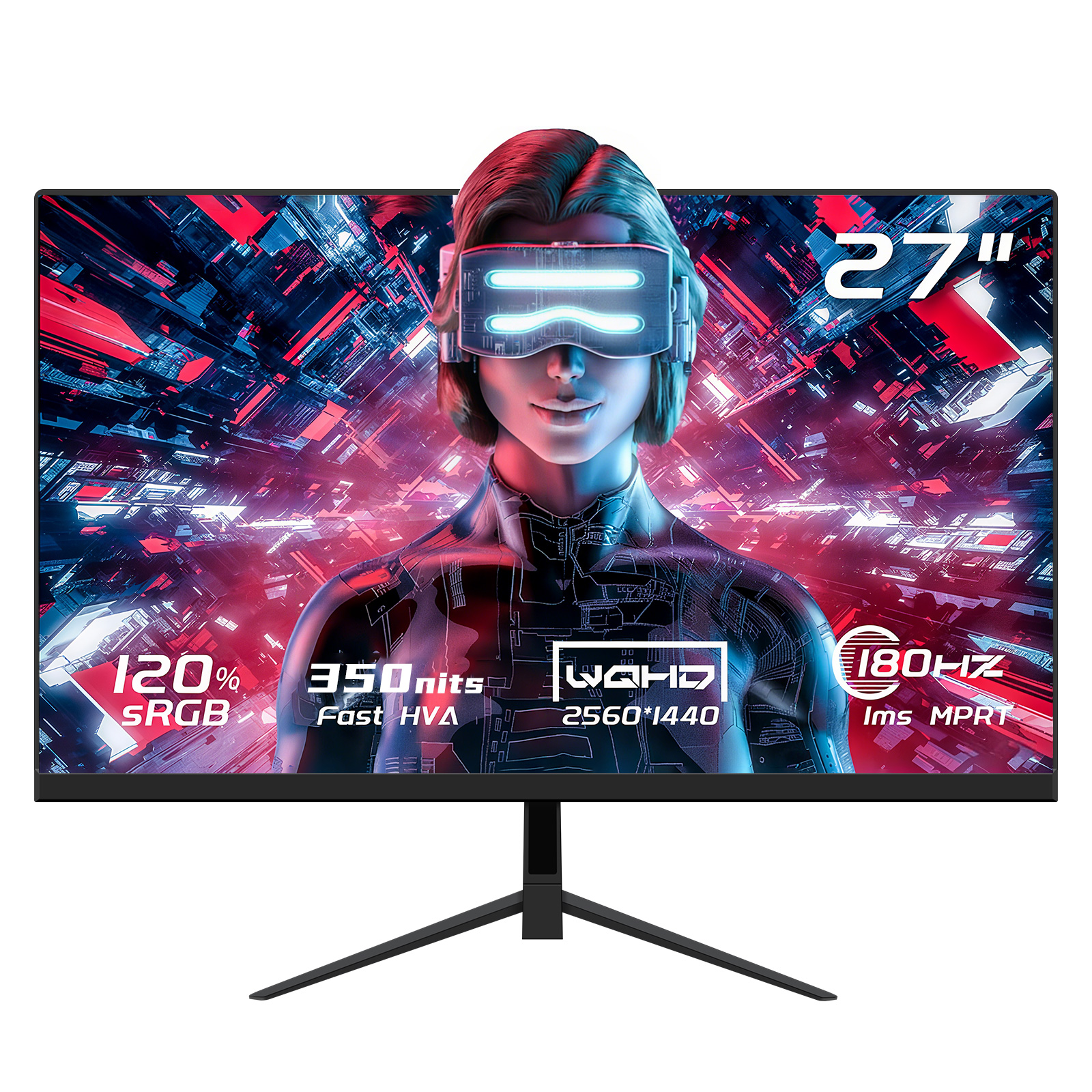 Un monitor muestra a una mujer con gafas de VR. Características: 120% sRGB, 350 nits, 180Hz y 27 pulgadas.