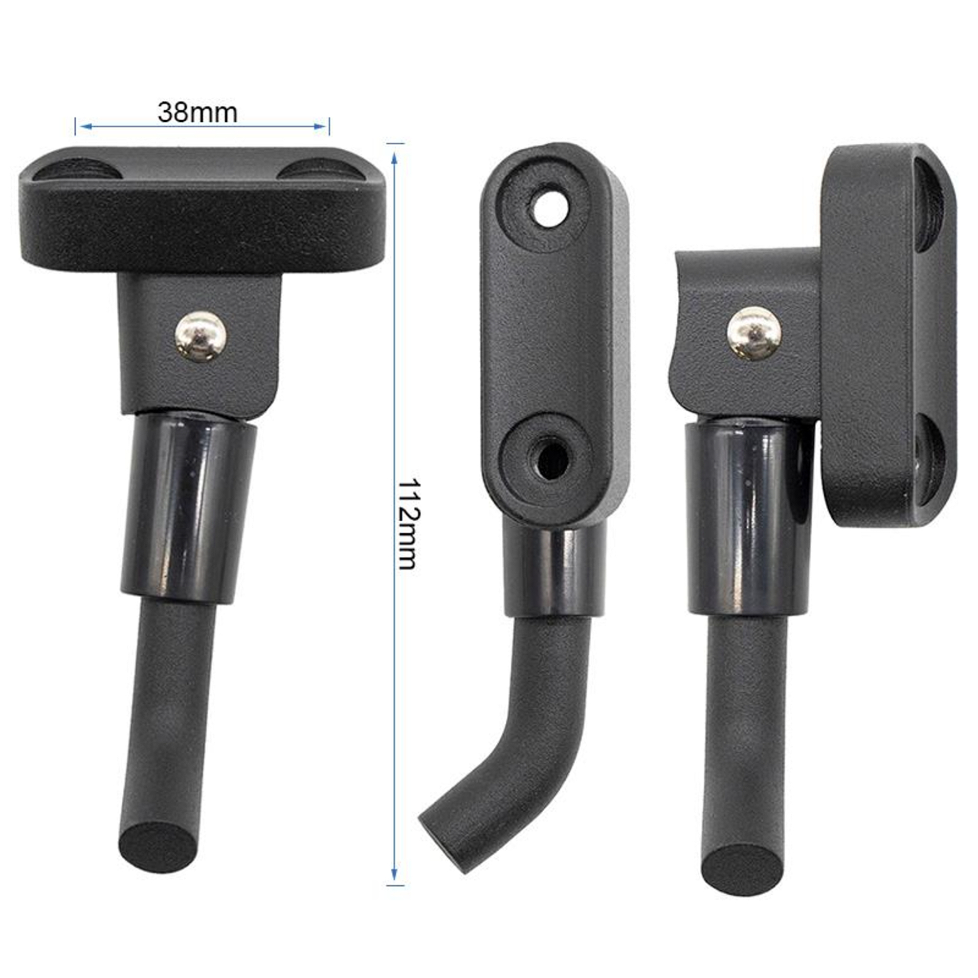 Se muestran tres partes metálicas negras de un soporte de guitarra. Se muestran las medidas: 38 mm y 112 mm. Cada una tiene una forma diferente.