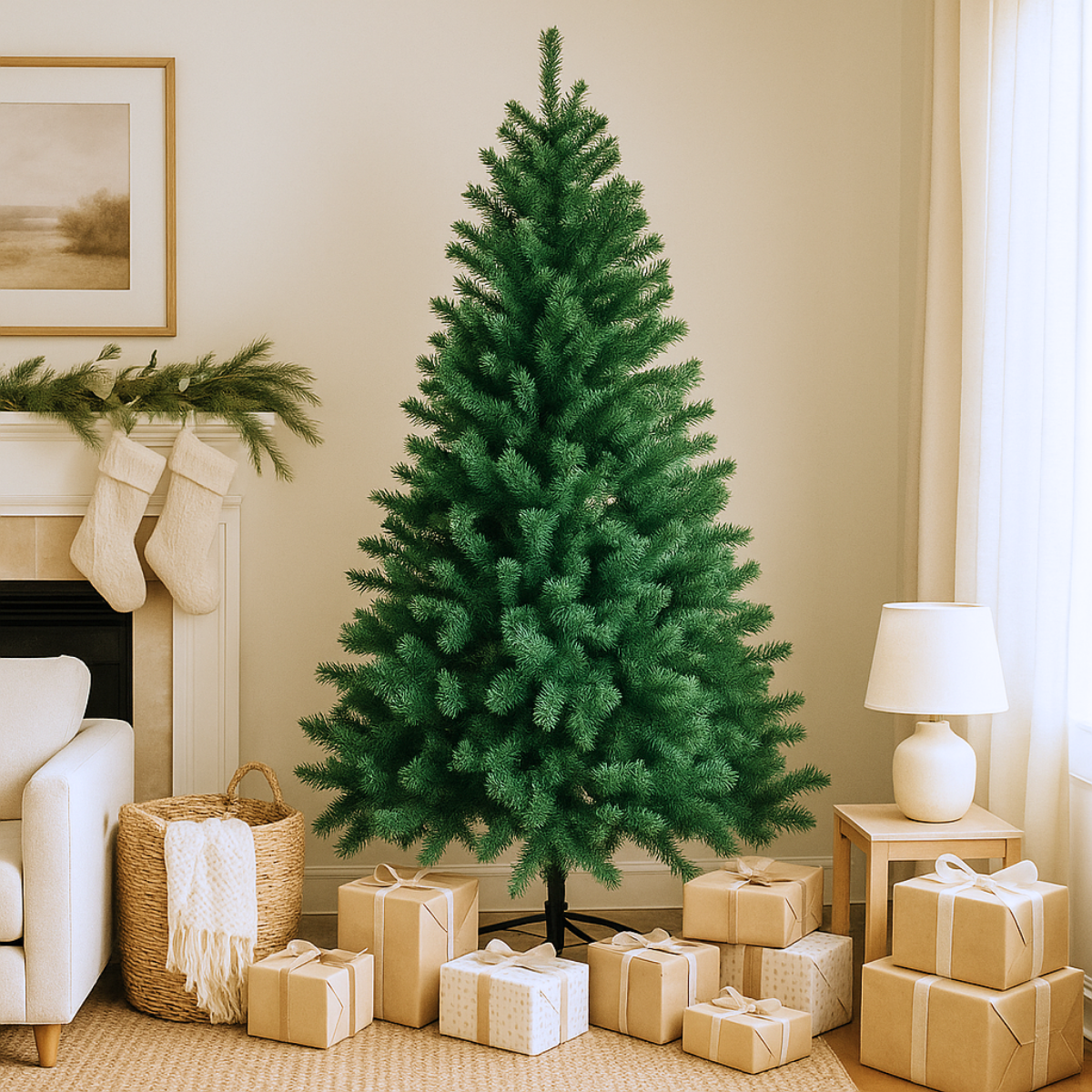 Un sapin de Noël vert se dresse dans une pièce avec des cadeaux emballés. Une cheminée avec des bas est à gauche. Une lampe est à droite.