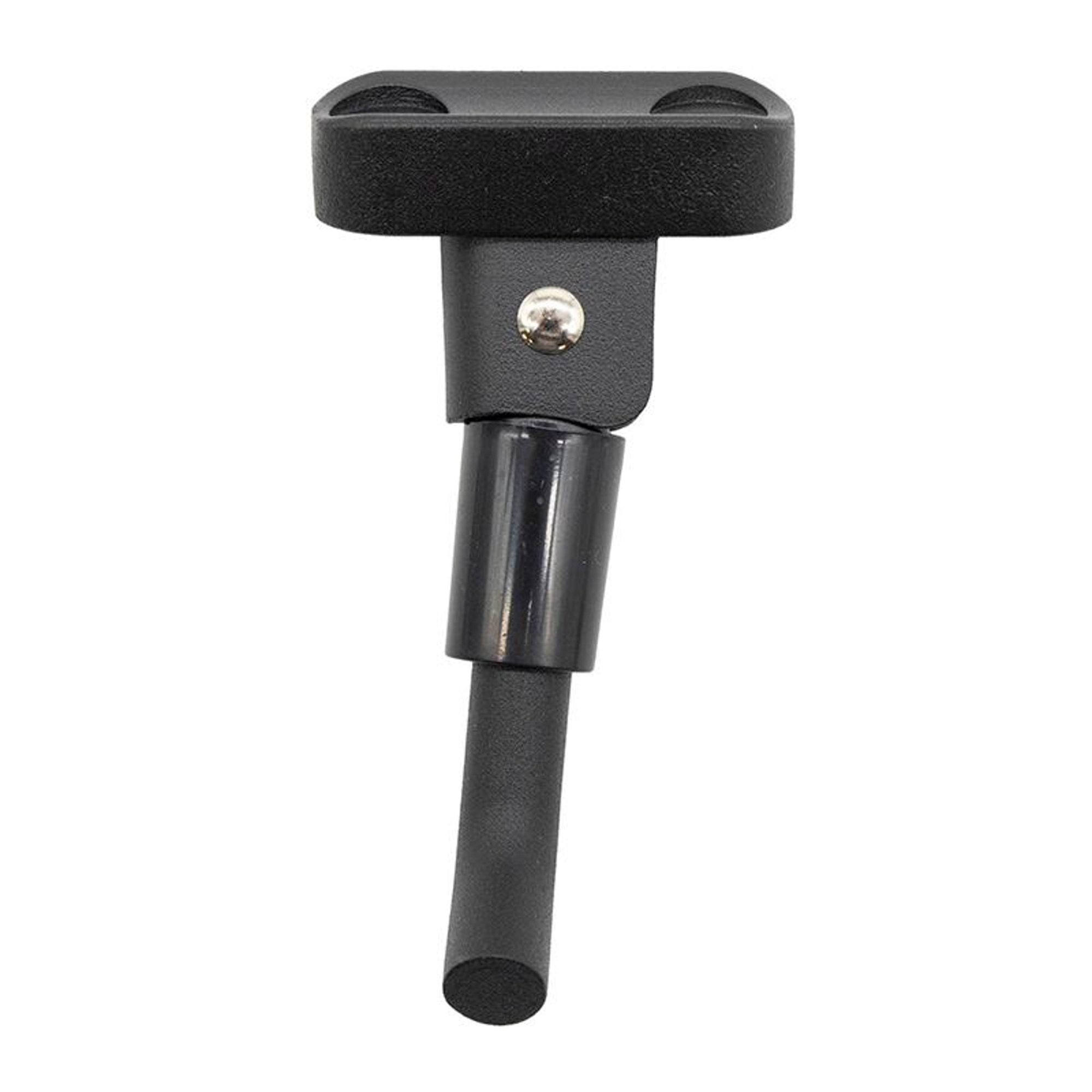 Un soporte negro ajustable para guitarra. Tiene una parte superior acolchada y una base cilíndrica con pivote.