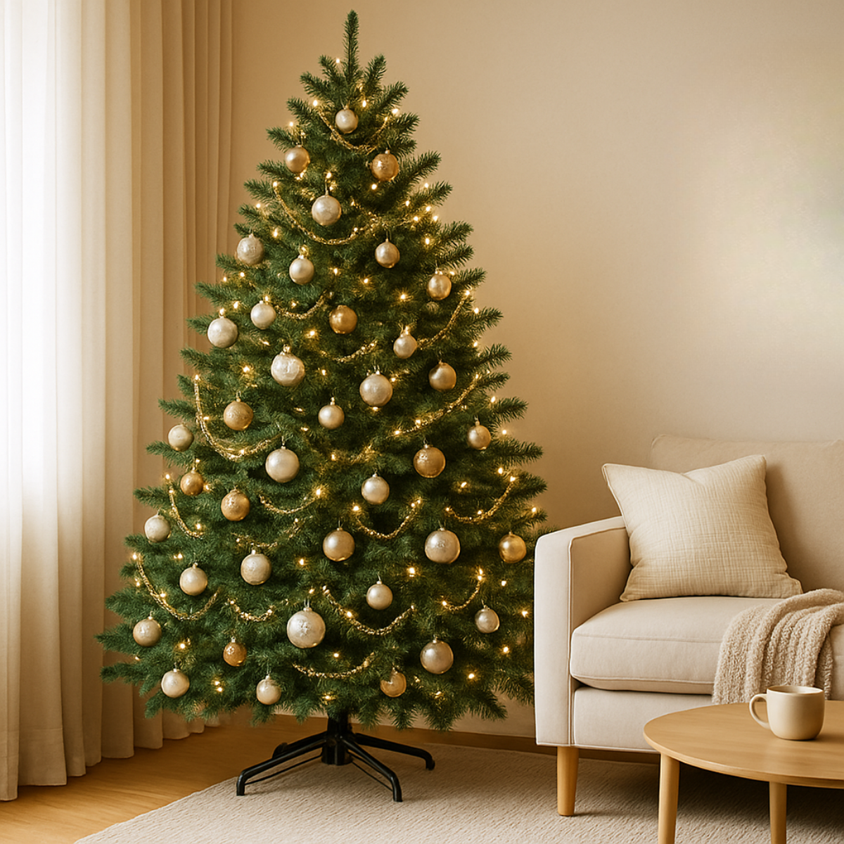 Un arbre de Noël décoré se trouve près d'un canapé beige et d'une table ronde. Des ornements dorés et argentés sur l'arbre.