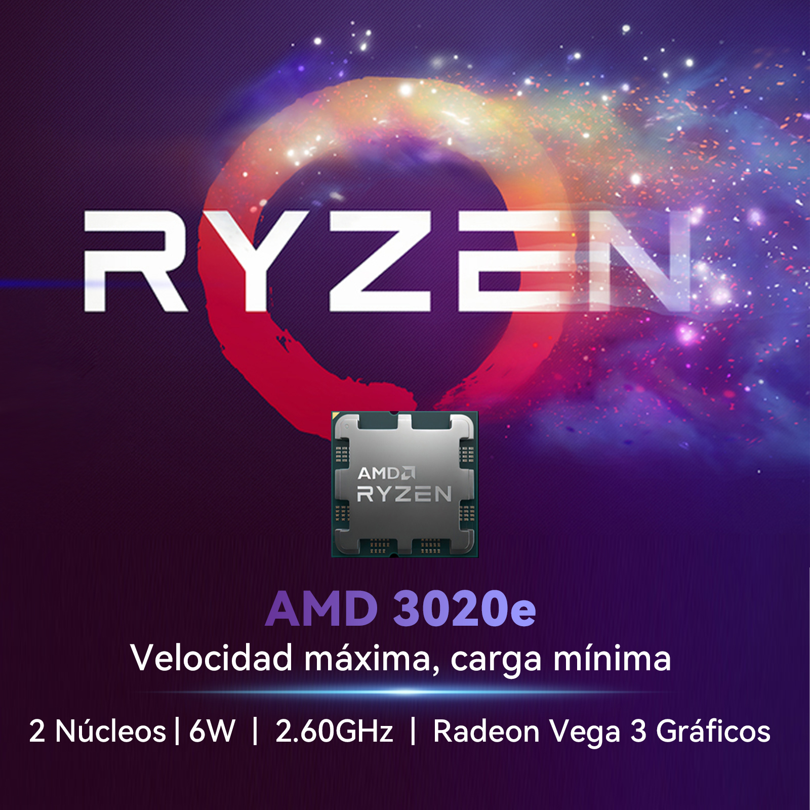 La imagen muestra un procesador Ryzen con el texto 'RYZEN' y detalles del producto: AMD 3020e, 2 núcleos, 6W, 2.60GHz, y Radeon Vega 3.