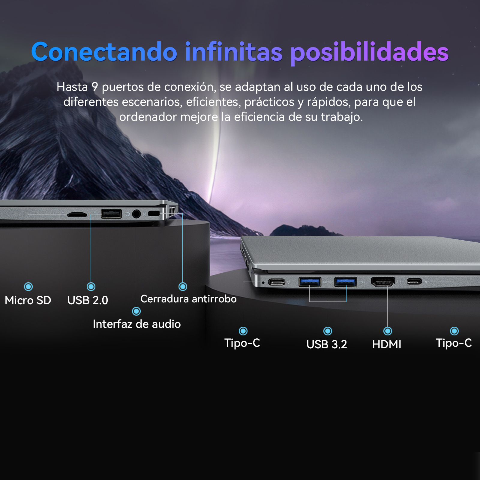 Un portátil que muestra puertos: Micro SD, USB 2.0, conector de audio, cerradura antirrobo, Tipo-C, USB 3.2, HDMI y otro puerto Tipo-C.