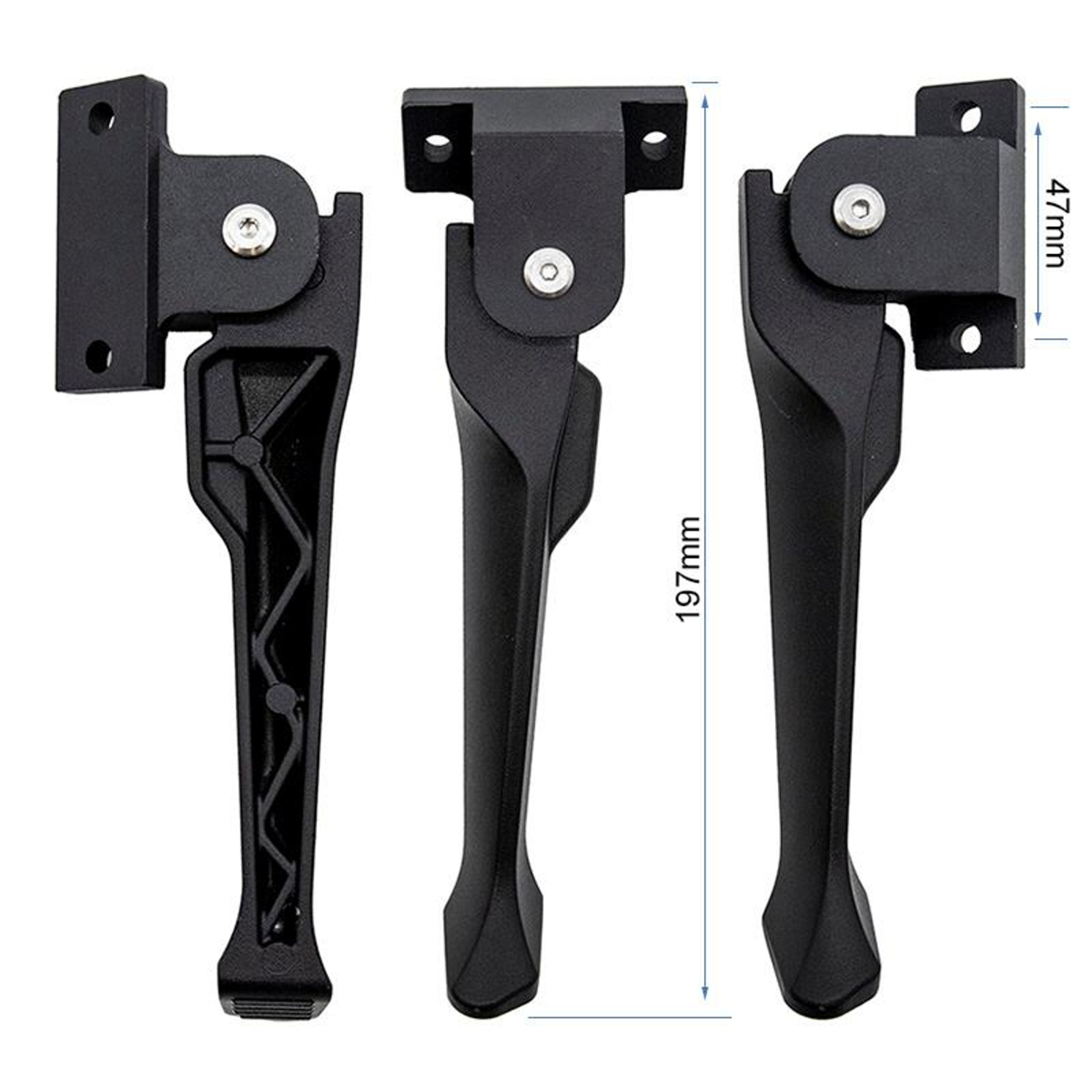 Tres caballetes negros para bicicleta. Uno está en el centro y mide 197 mm. Los otros están a ambos lados.