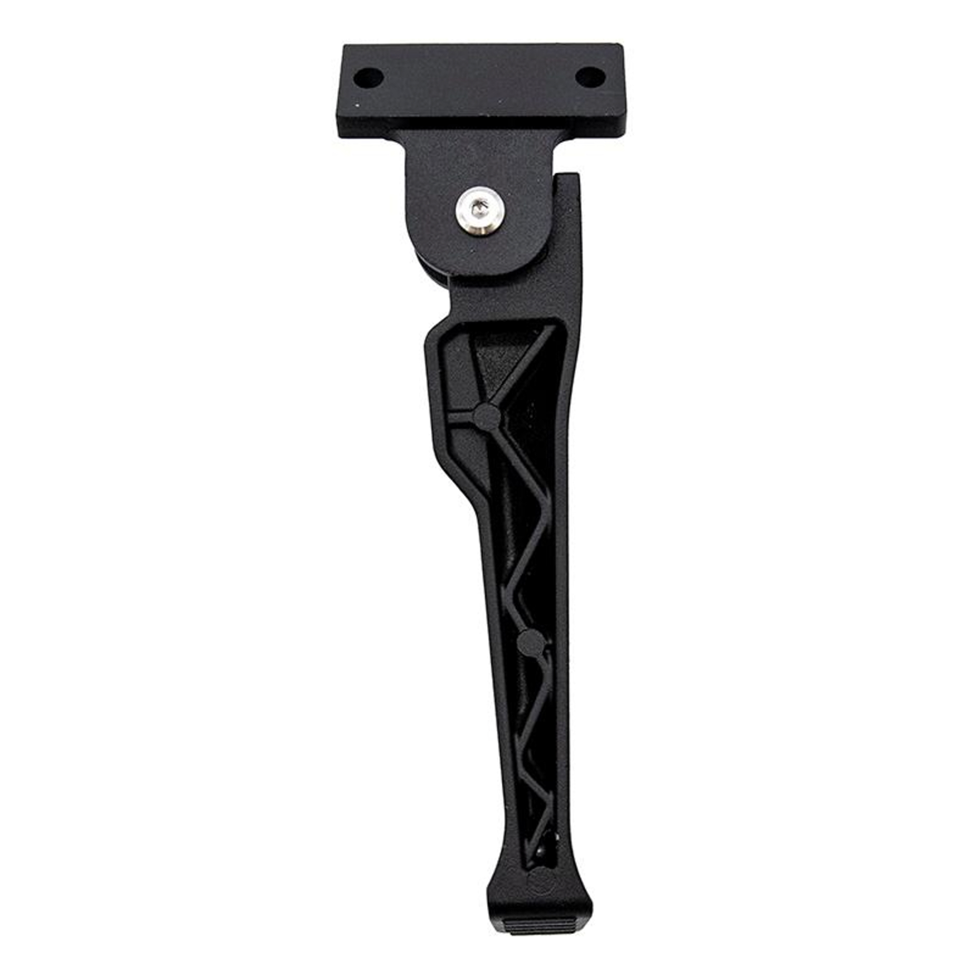 Un soporte para bicicleta negro. Tiene una parte superior en forma de T con dos agujeros y una pata plegable. Fondo blanco.