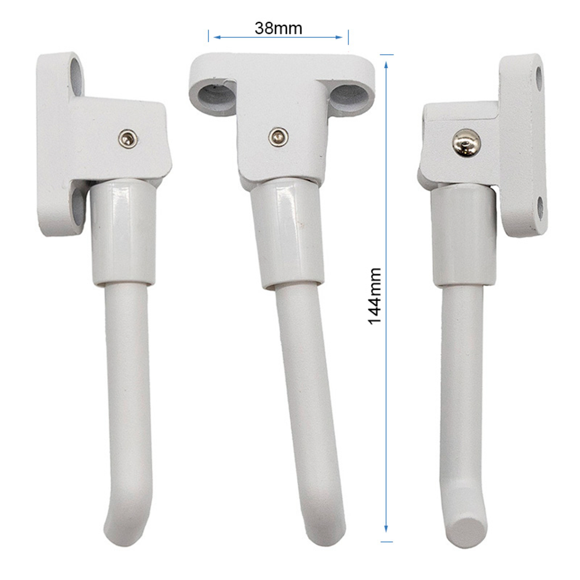 Tres bisagras metálicas blancas para ventanas, dispuestas lado a lado. Dimensiones del central: 38 mm x 144 mm.