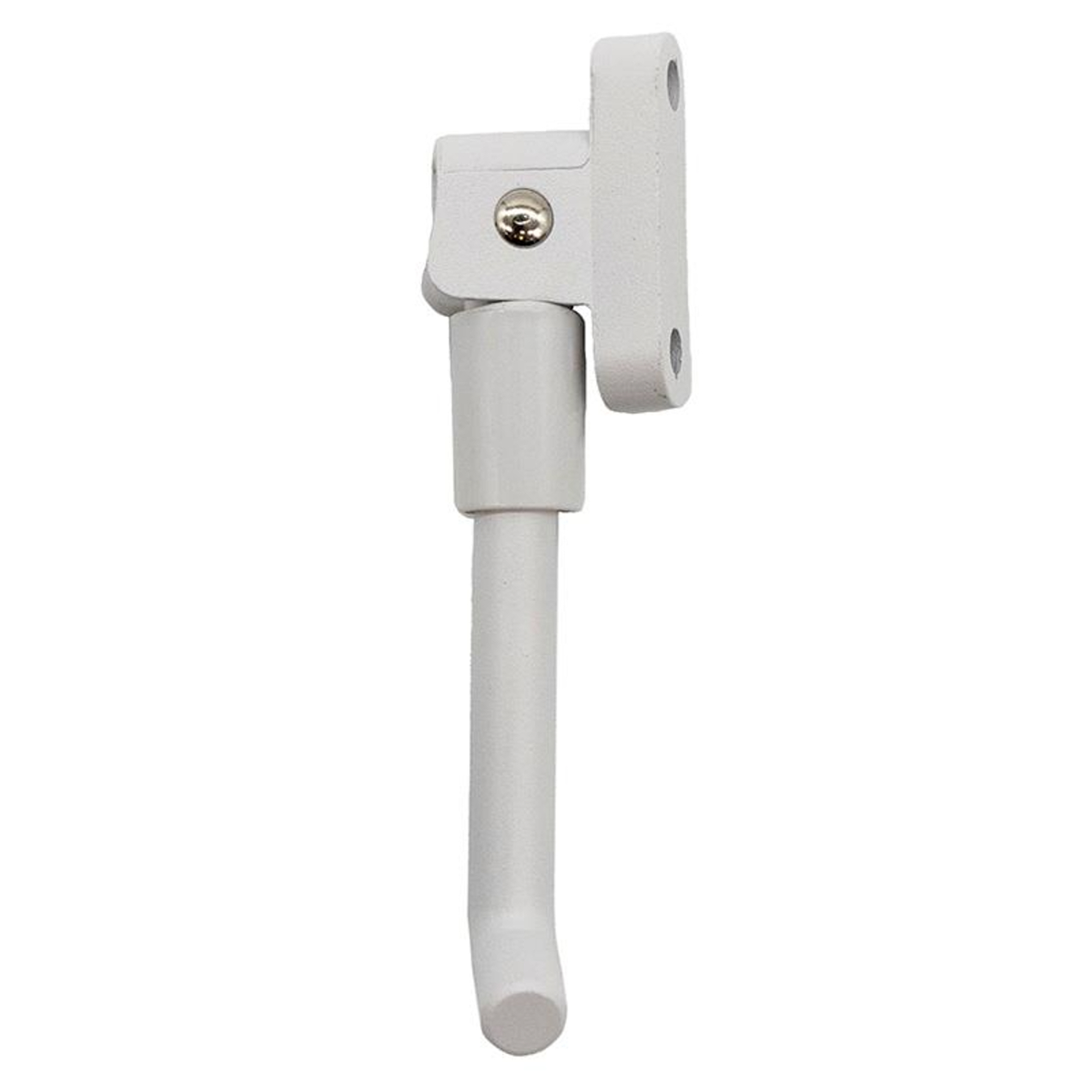 Una bisagra metálica blanca con soporte vertical. Tiene una base redondeada y está sobre un fondo blanco.