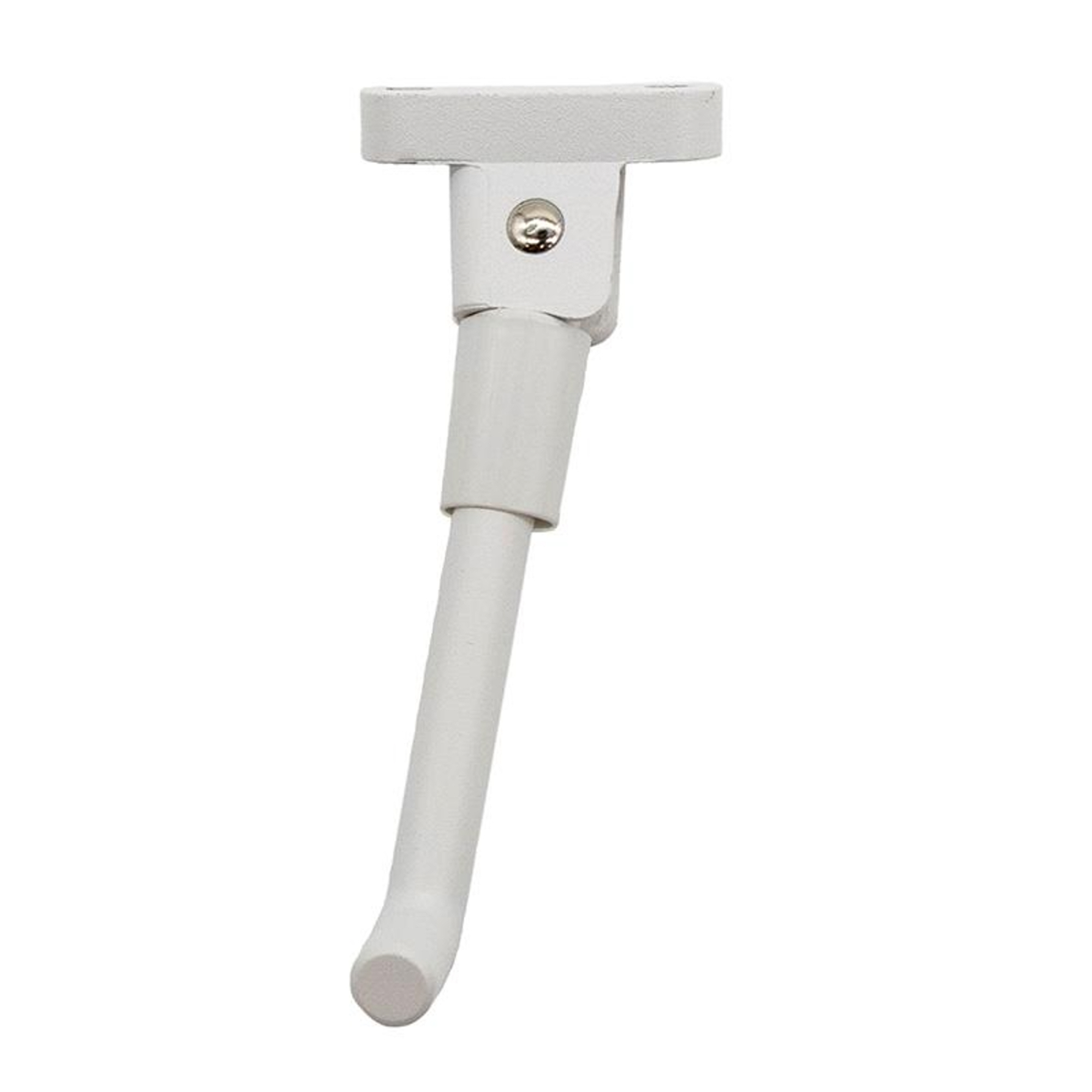 Soporte de bicicleta blanco. La parte superior tiene un tornillo. El soporte se inclina hacia un pie redondeado.