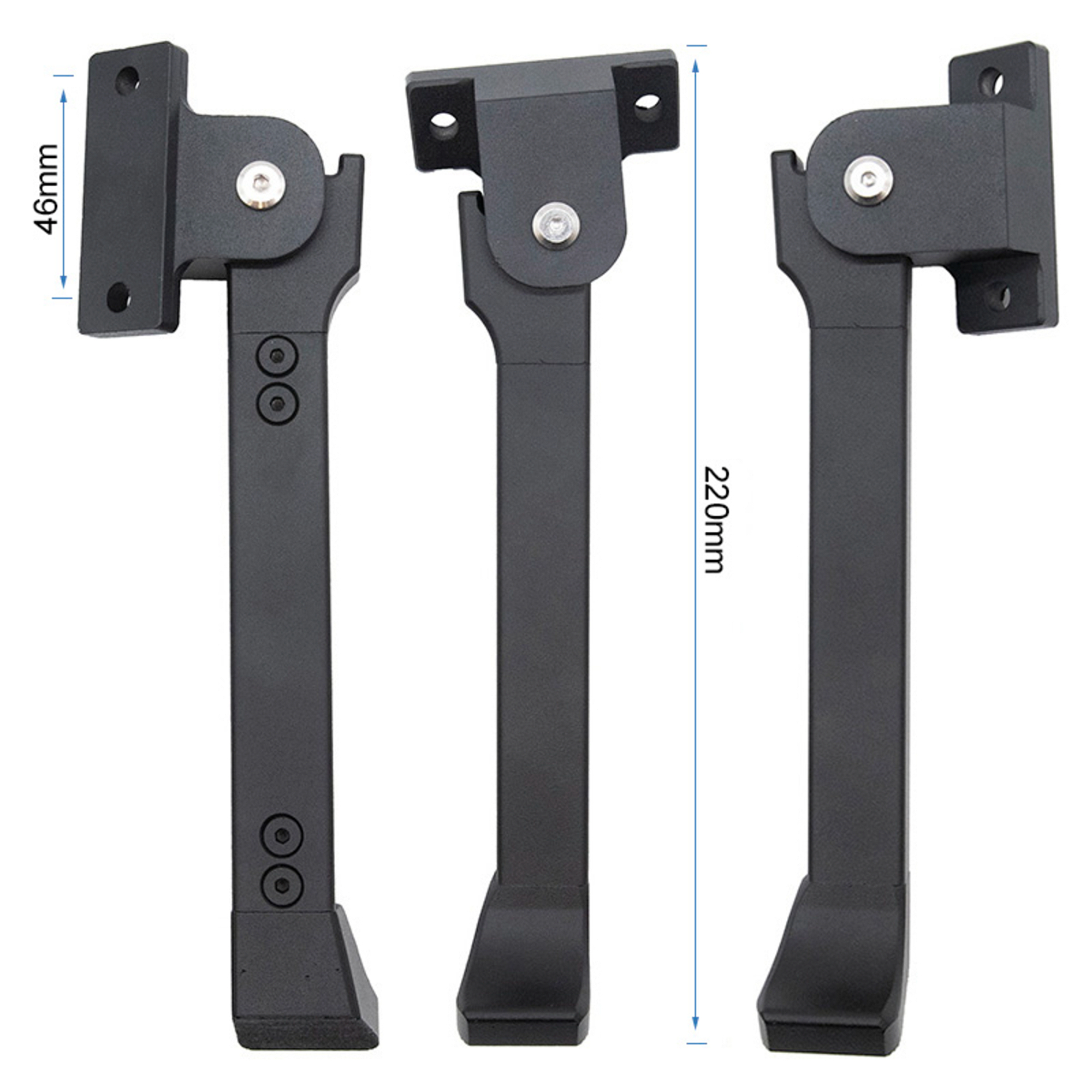 Tres bisagras de metal negro. Cada una tiene una base rectangular, una junta y un soporte largo y rectangular. Dimensiones indicadas.