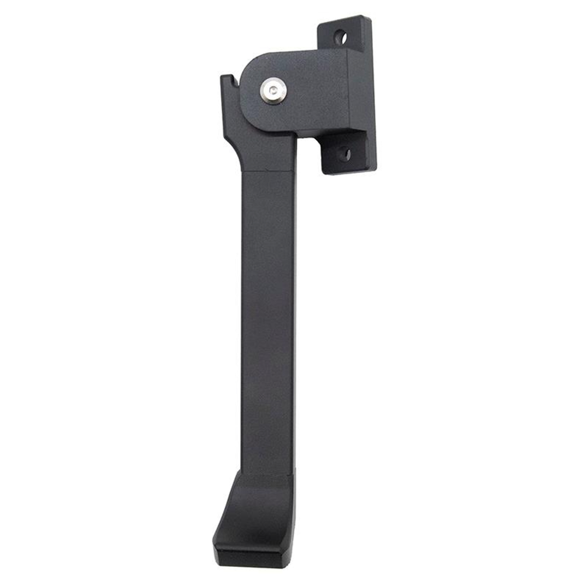 Un soporte de metal negro. Tiene una base rectangular, una sección vertical larga y una sección superior articulada.