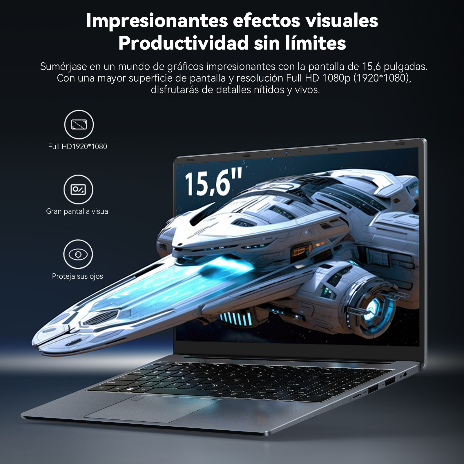 Laptop con gráfico de nave espacial en pantalla. Texto: Impresionantes efectos visuales, Productividad sin límites.