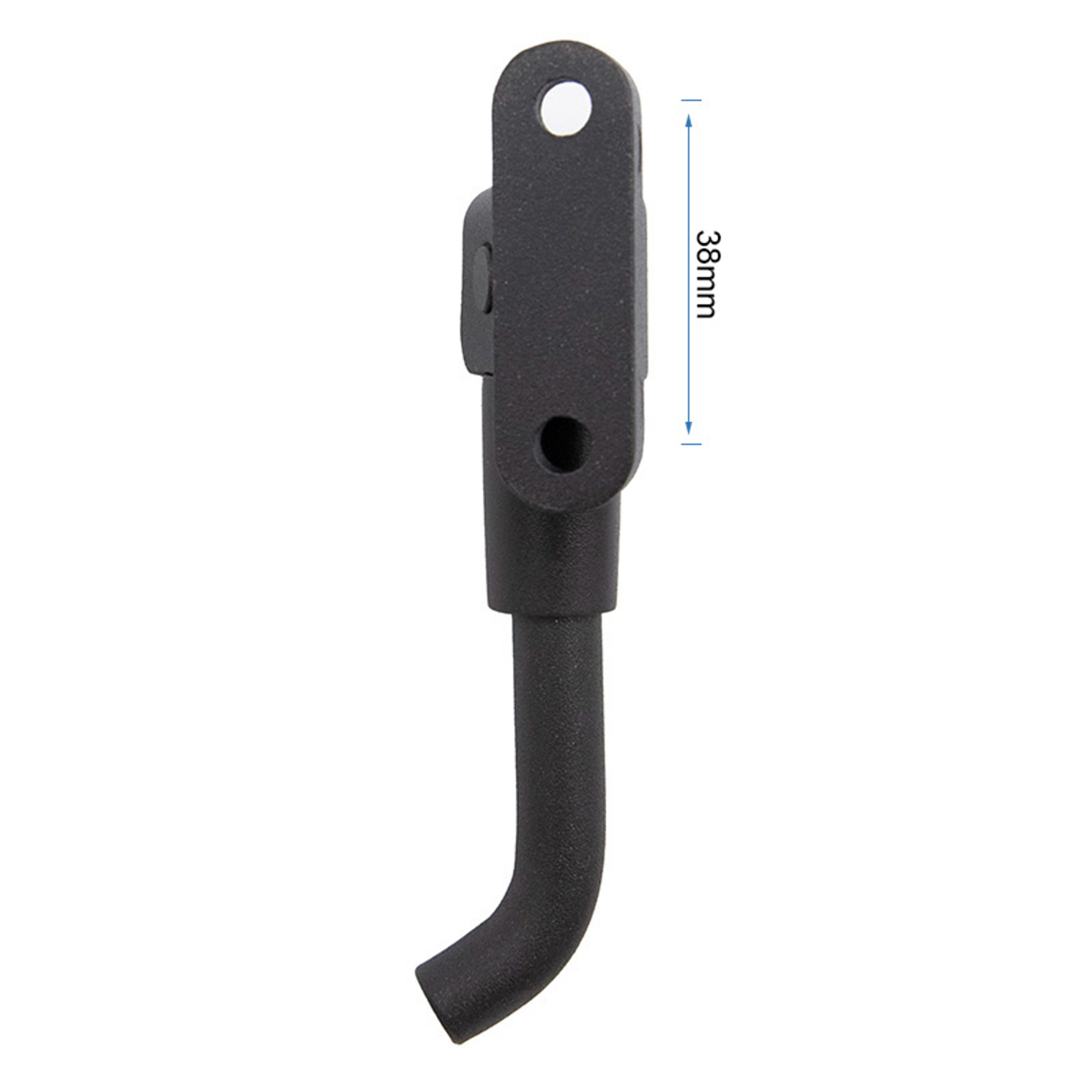 Soporte de metal negro con sección inferior curva, un agujero en la parte superior e indicación de altura de 38 mm.