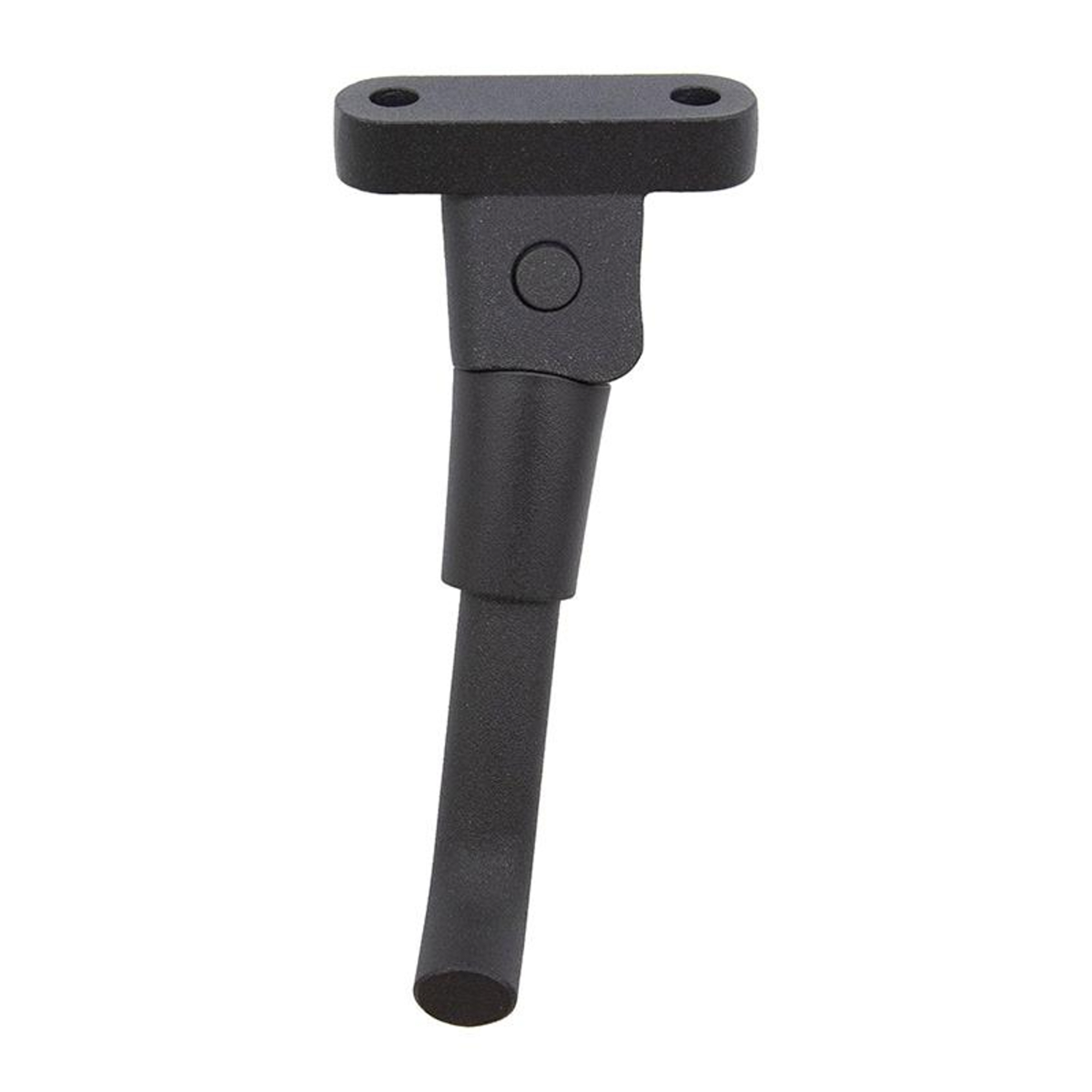 Objeto metálico negro en forma de T. Tiene una parte superior plana con dos agujeros, una sección media curva y un vástago largo y recto.