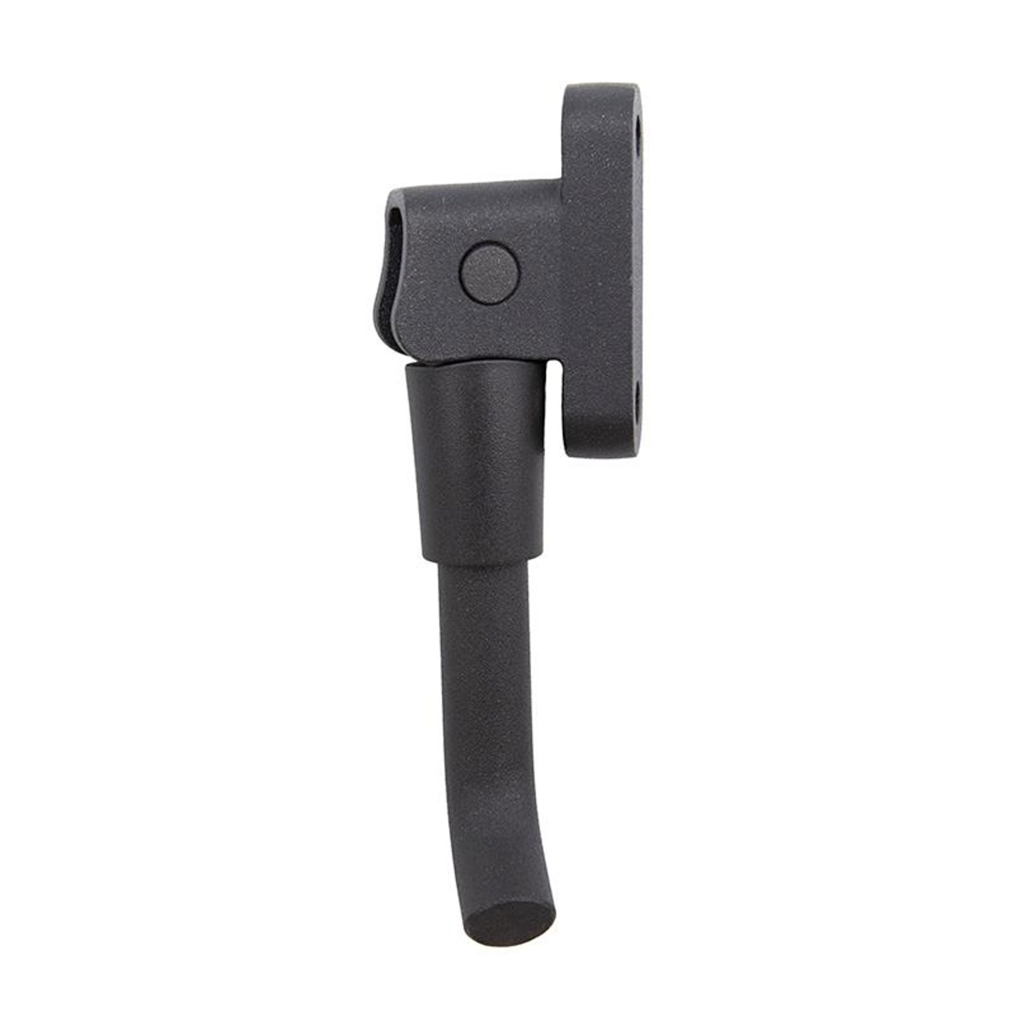 Bisagra metálica negra con pata curvada. Tiene una hendidura circular y una base rectangular con orificios para tornillos.